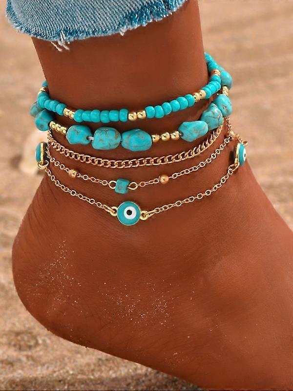 Bohemian Colorful Soft Clay Turquoise Bead Elastic Multi-Layer Evil Eye Beach Anklet Set, 5 Pieces, Boho Style Jewelry for Women