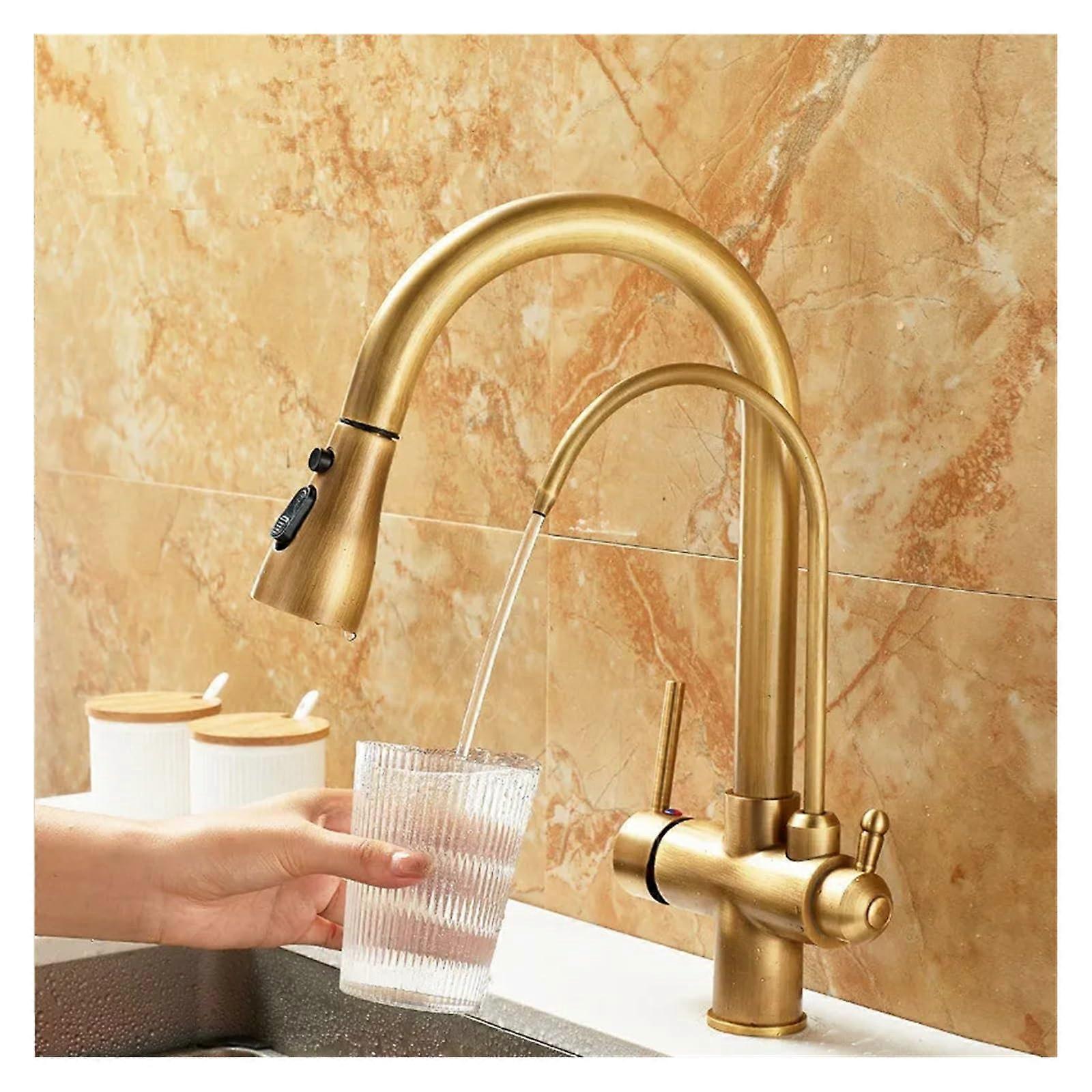 Antique Solid Brass Kitchen Tap with Pull Out Spout and Base Mount Water Filter