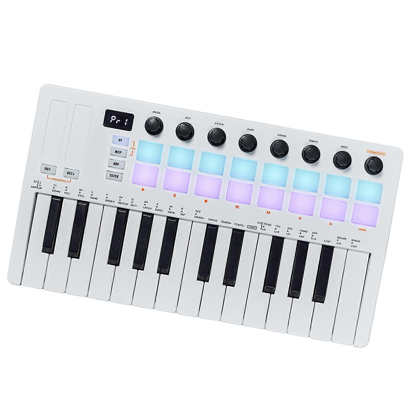 25-Tasten-USB-MIDI-Keyboard-Controller, USB-MIDI-Keyboard, kleiner 25-Tasten-MIDI-Keyboard-Controller mit 16 Drum-Pads, Touch-Rod, Weiß