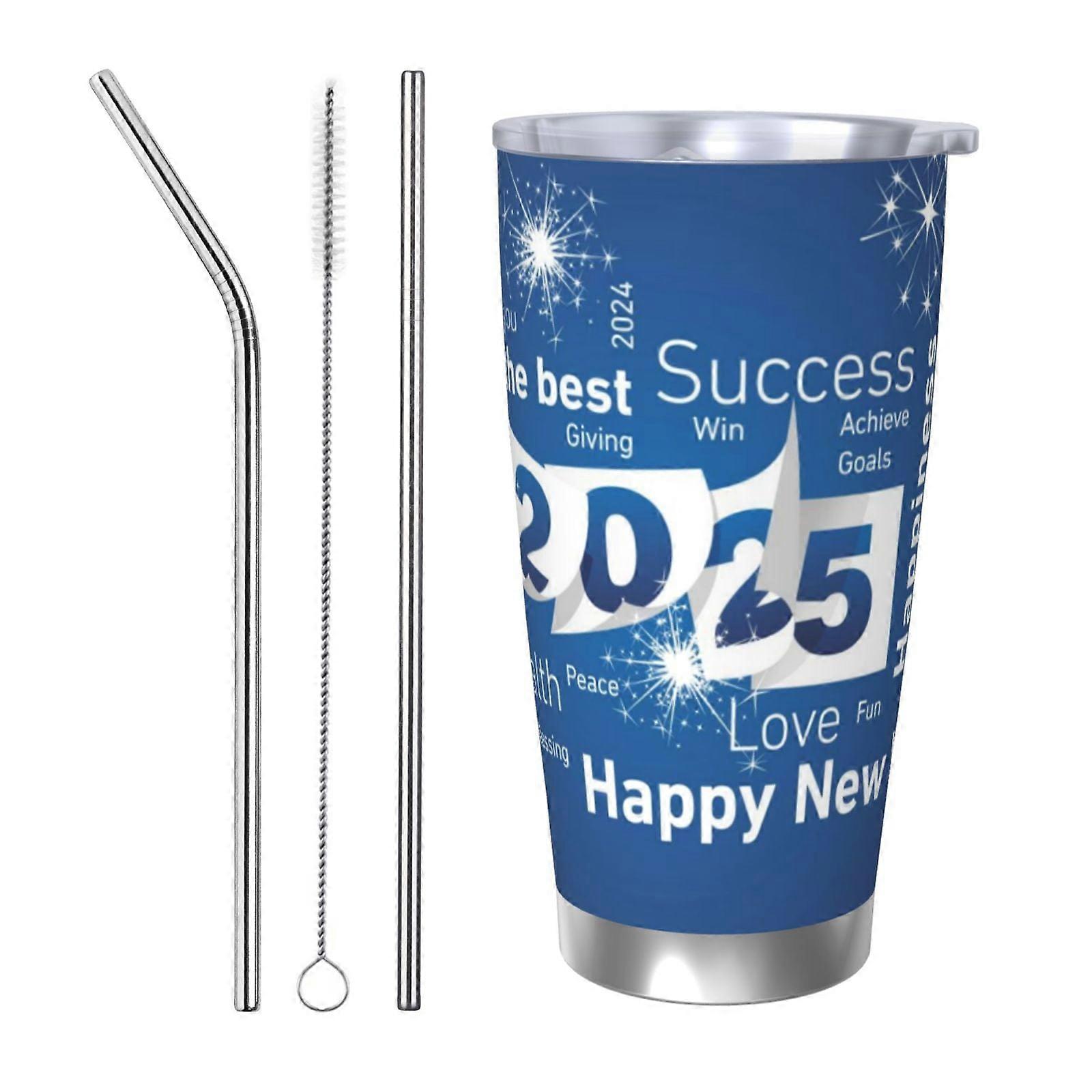 Tasse à café isotherme portable en acier inoxydable avec couvercle, 59 cl, « Bonne année 2025 »