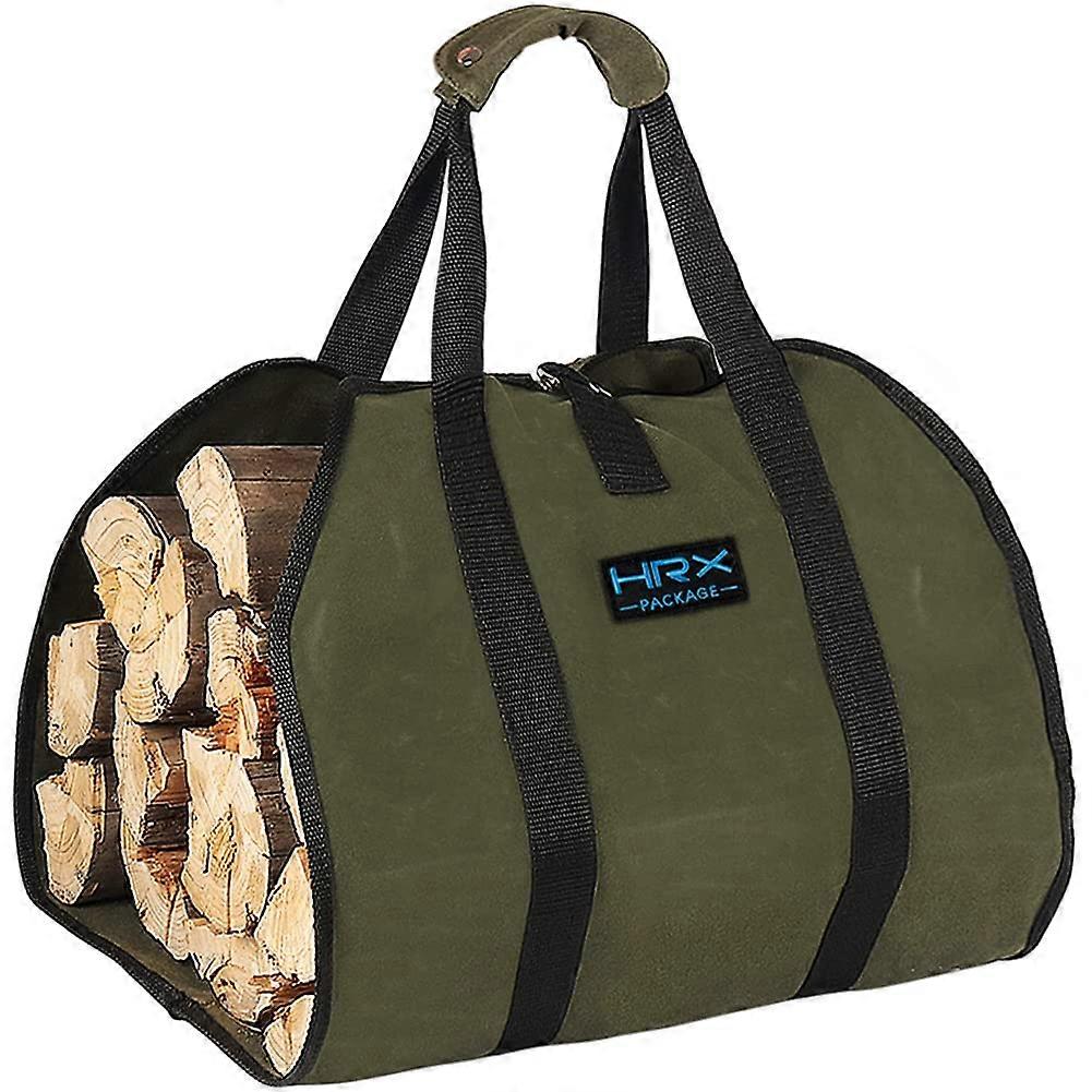Waxed Canvas Firewood Carrier Tote, Water Resistant Log Bag with Handles for Camping and Fireplace, Army Green