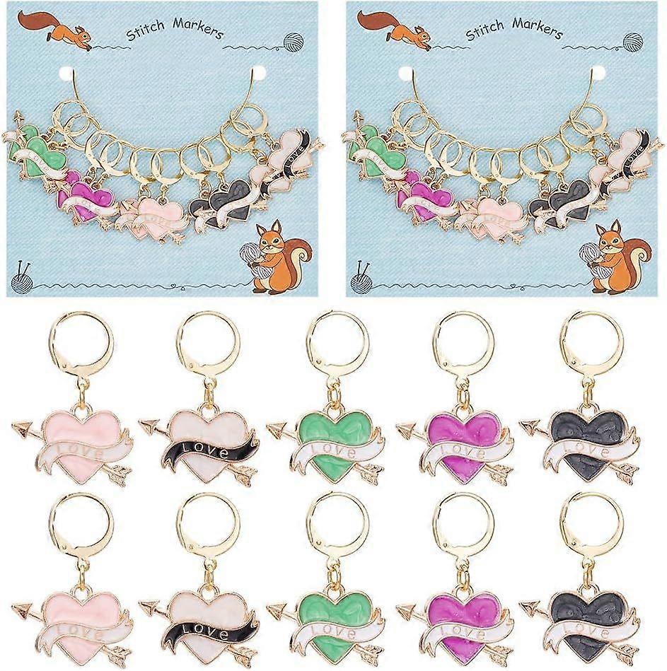 20 Pcs Heart Stitch Markers Alloy Enamel with Word and Arrow Pendant Stitch Markers Locking Stitch Marker with Wine Glass Ring for Knitting Weaving Se