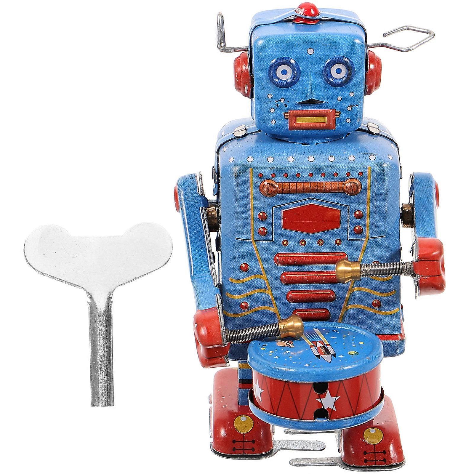 1pc Clockwork Drumming Robot Toy Tinplate Vintage Wind up Toy Childhood Memory Antique Toy