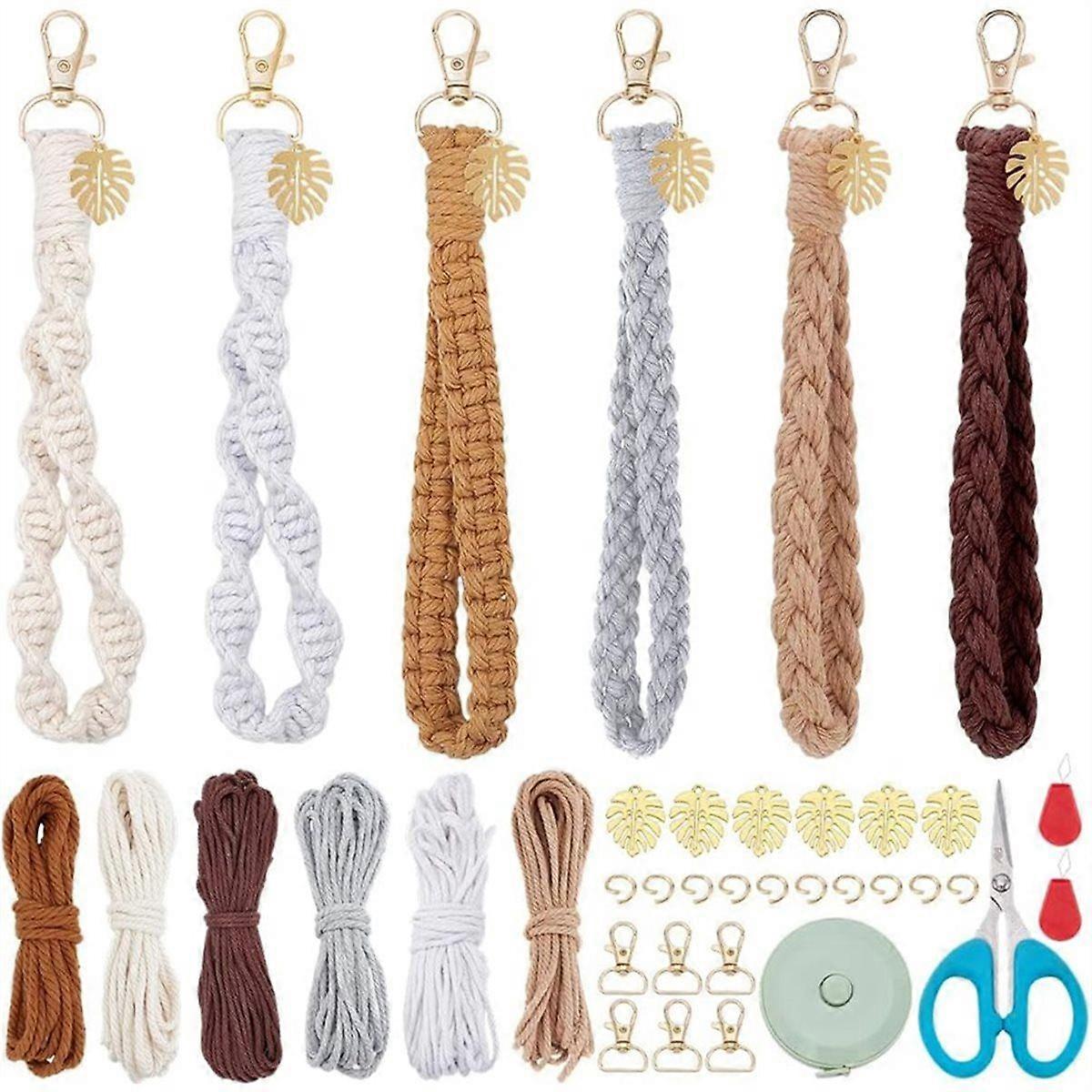 6 Set DIY Macrame Keychain Kit Vintage Boho Macrames Palm Leaf Keychain Making Kit for Beginner Dark Color Macrame
