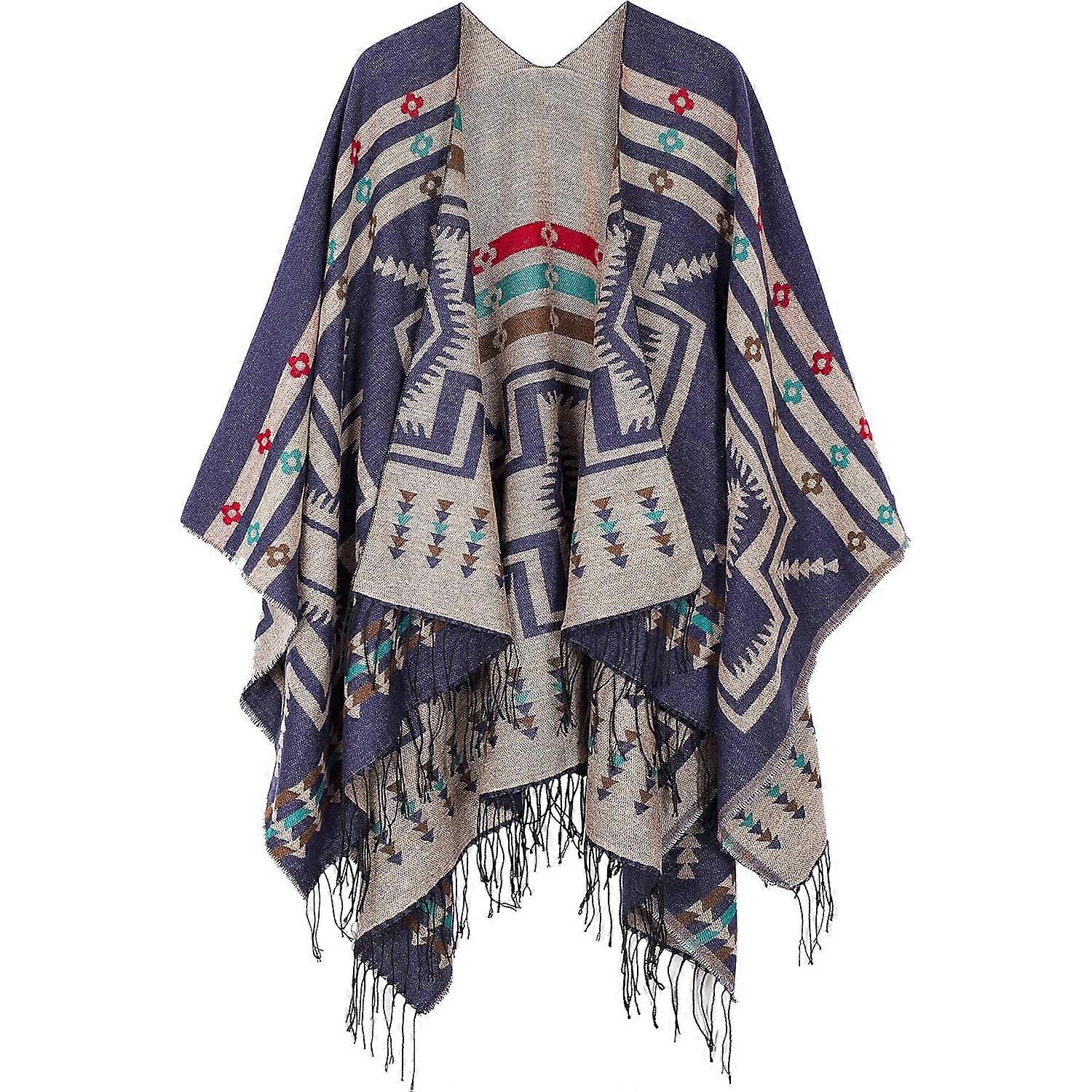 Women's Printed Cardigan Shawl with Front Fringe, Checkered Scarf with Puffed Corner Open Front with Wavy Shawl Wrap（Y0313）