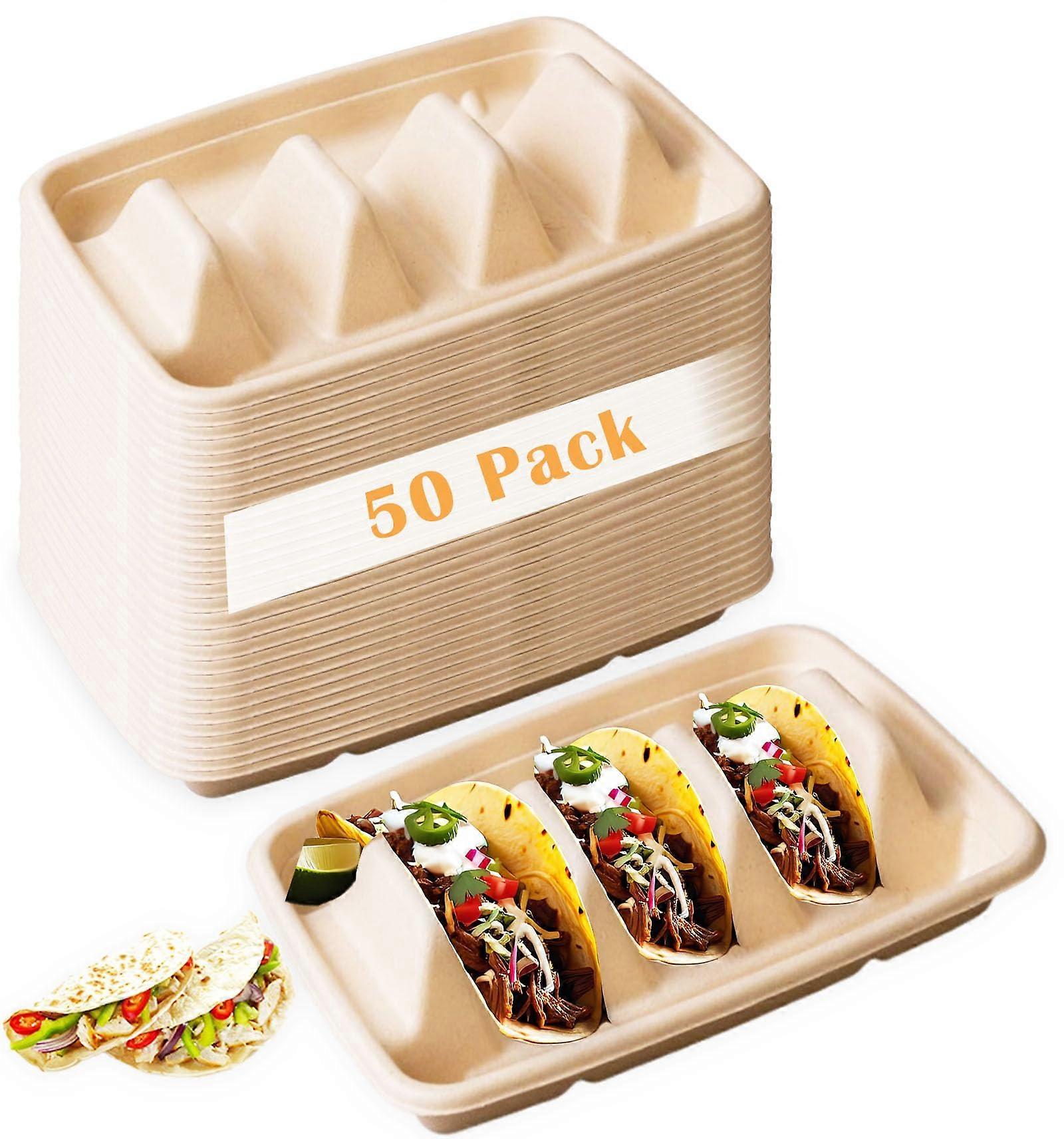 50 Pack Disposable Taco Holders with 3 Compartments, Biodegradable Microwave Safe Plates for Parties