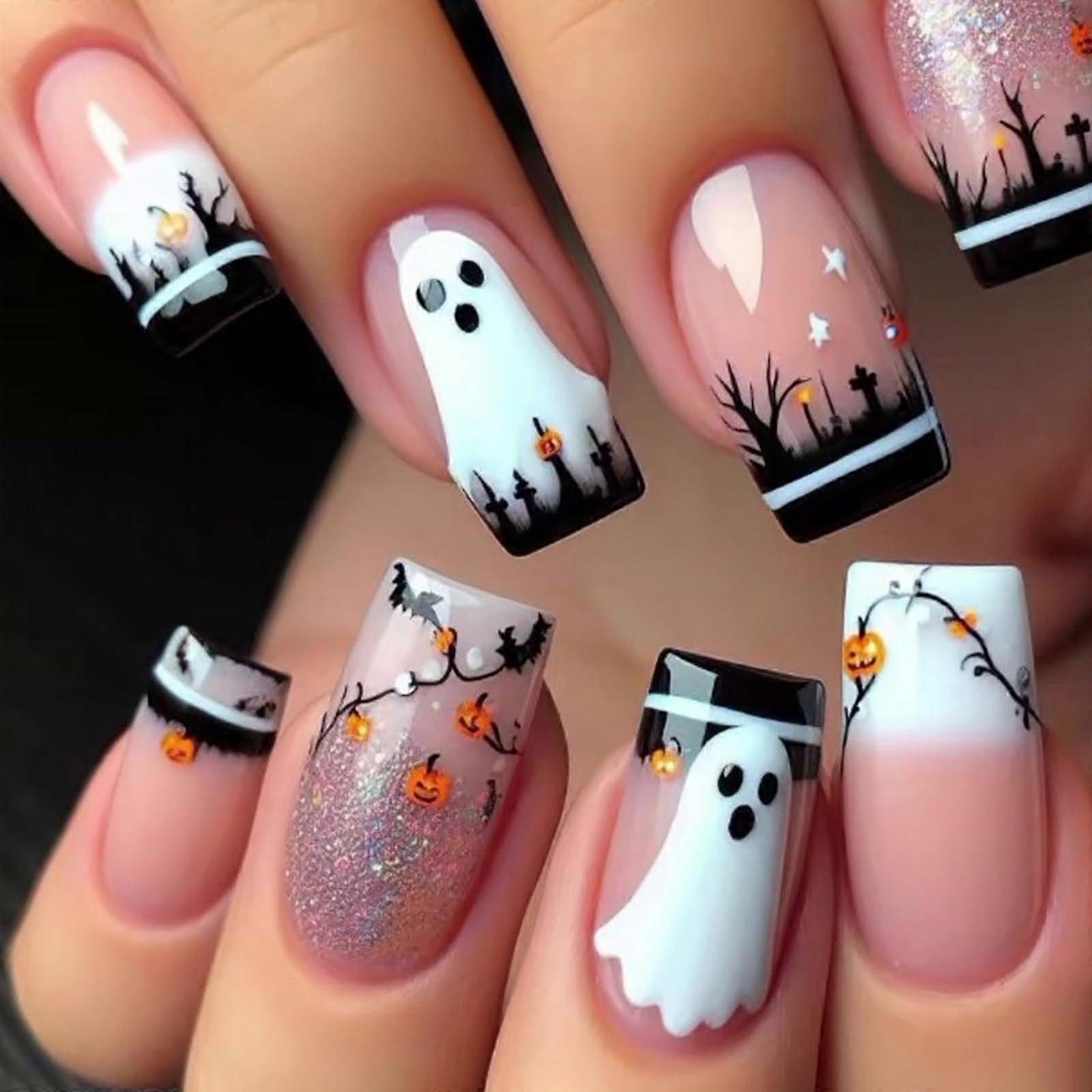 Halloween Press on Nails Set with Ghost and Pumpkin, 24Pcs Medium Square Glitter French Tips