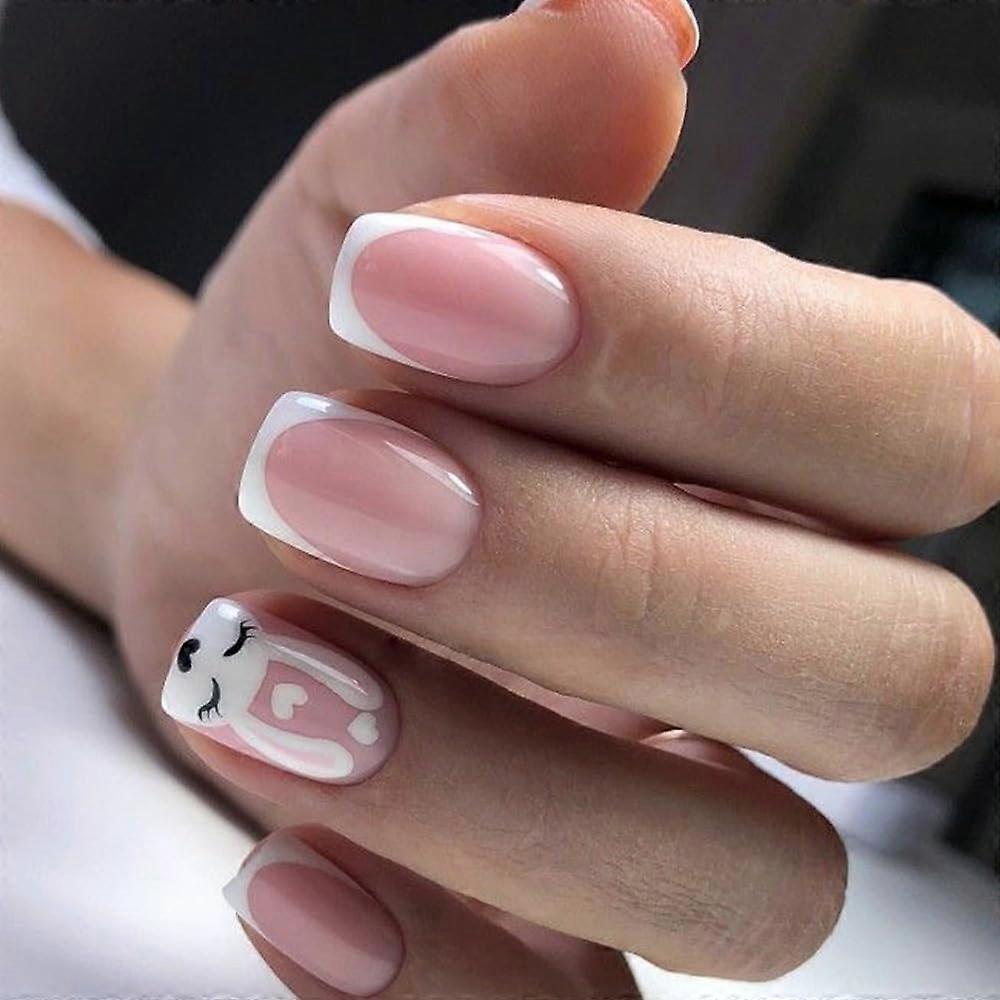 Easter Bunny Press on Nails Short Nude Pink Acrylic False Nails Square Shape with Glue