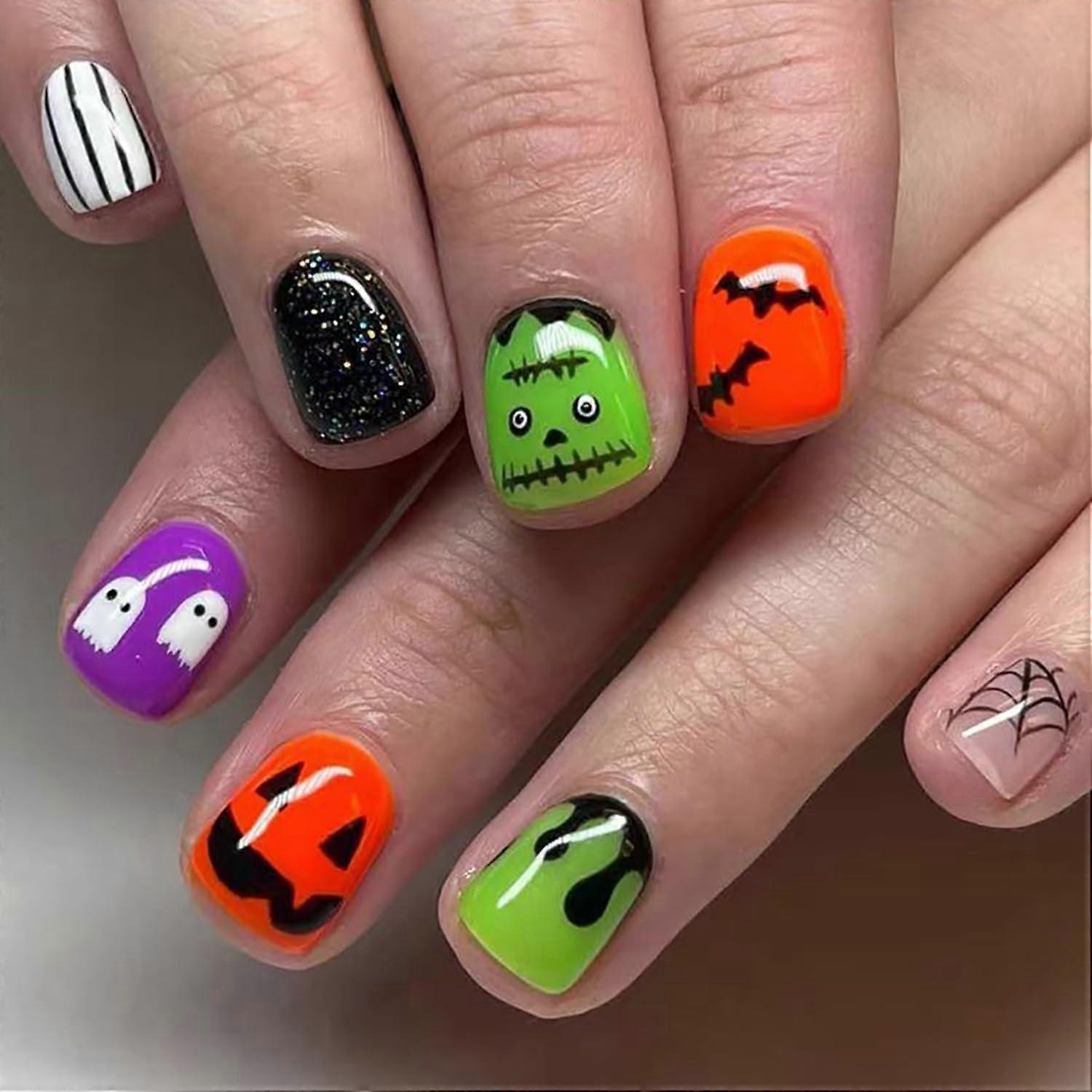 Halloween Press On Nails Short Square Ghost Bat Spider Web Design Fake Nails Set Reusable