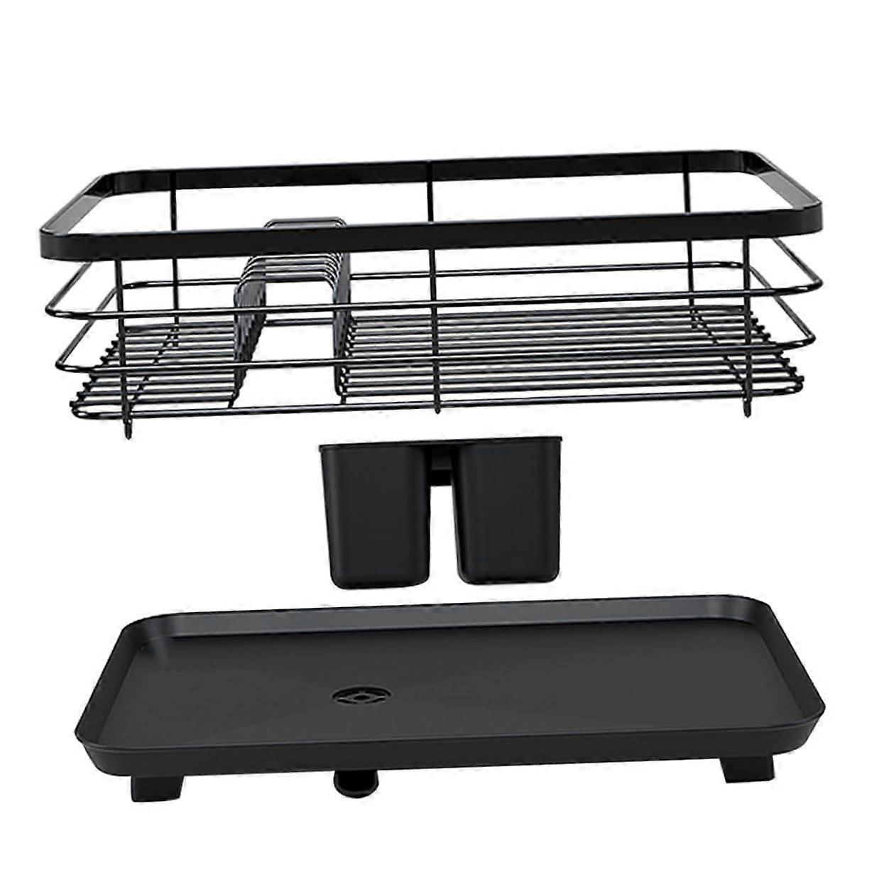 Compact Dish Drying Rack with Drain Outlet, MultiFunctional Kitchen Counter Organizer Black