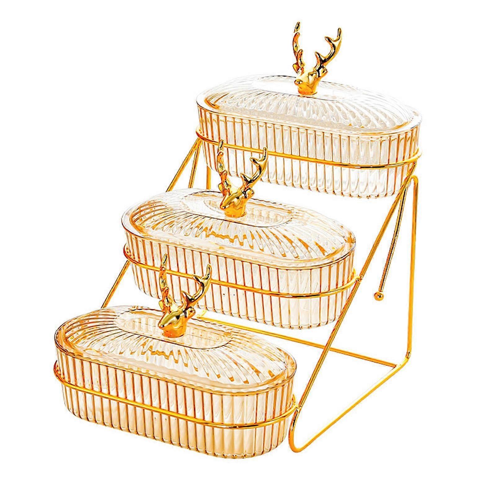 3 Layer Amber Serving Tray with Rack, Nordic Style Multi Tier Snack Stand for Candy and Appetizers