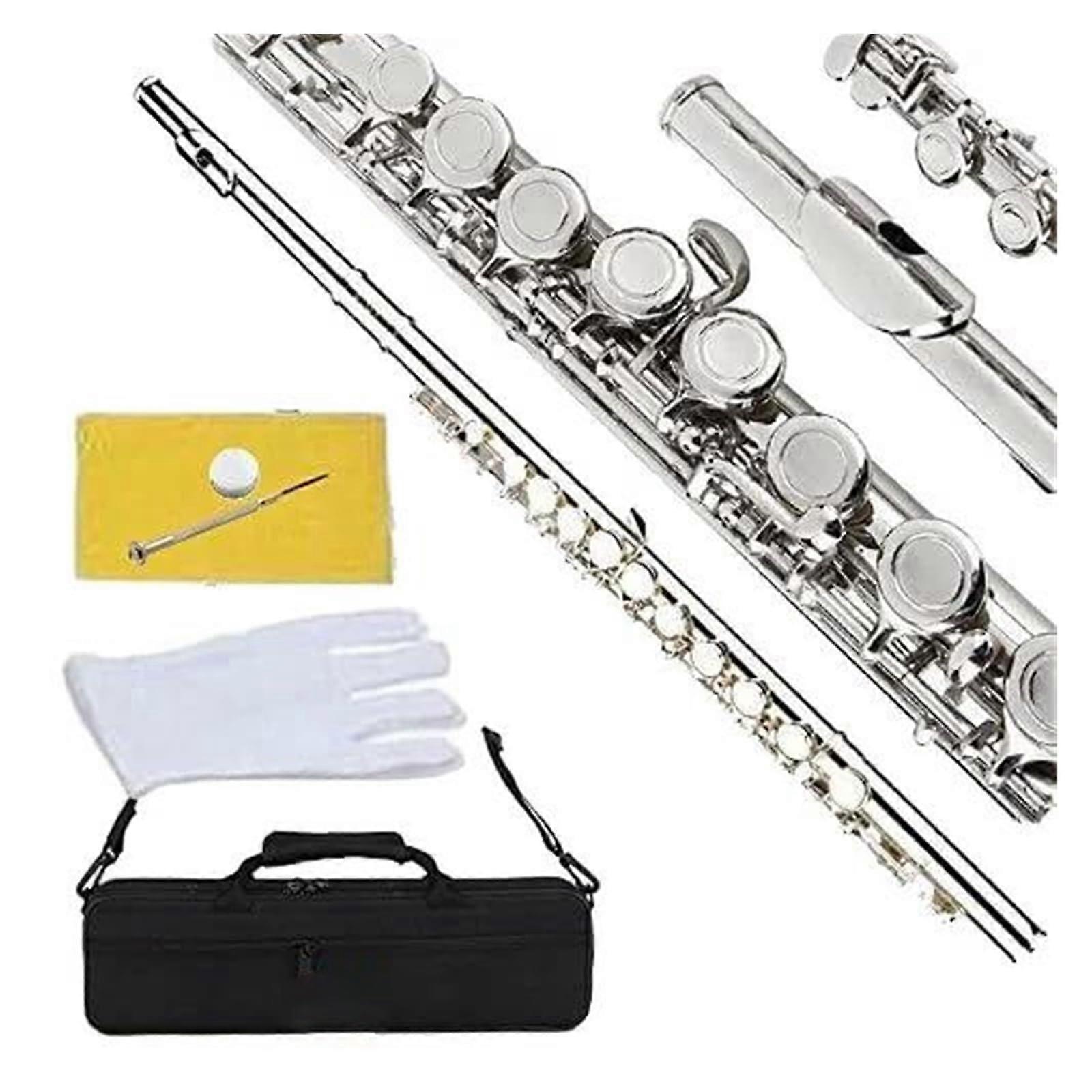 Student Flute 16 Key Closed Hole Beginner C Flute with Case Silver Plated for Stable Pitch Control
