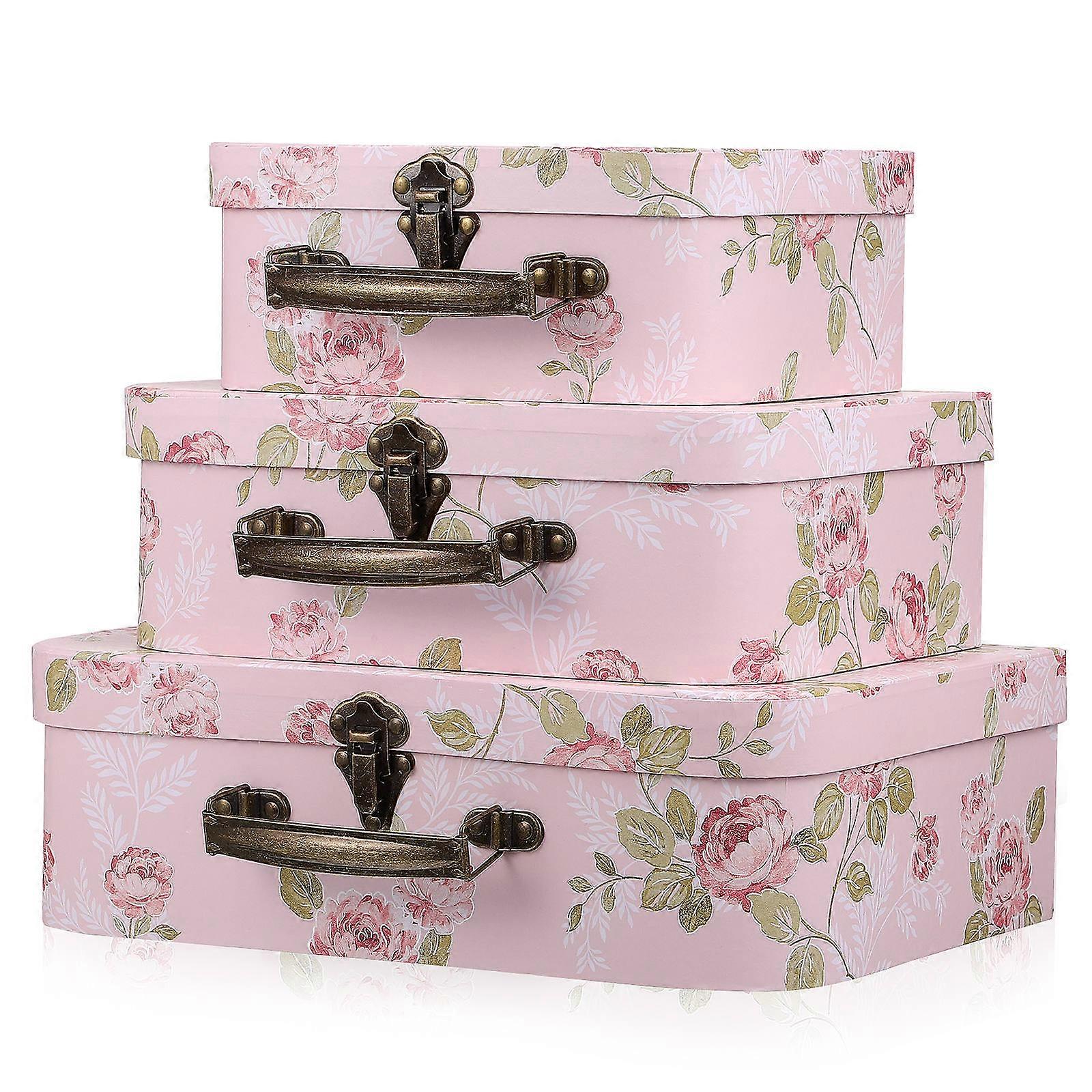 Rosa pappväskor med blommönster för 3-pack presentaskar