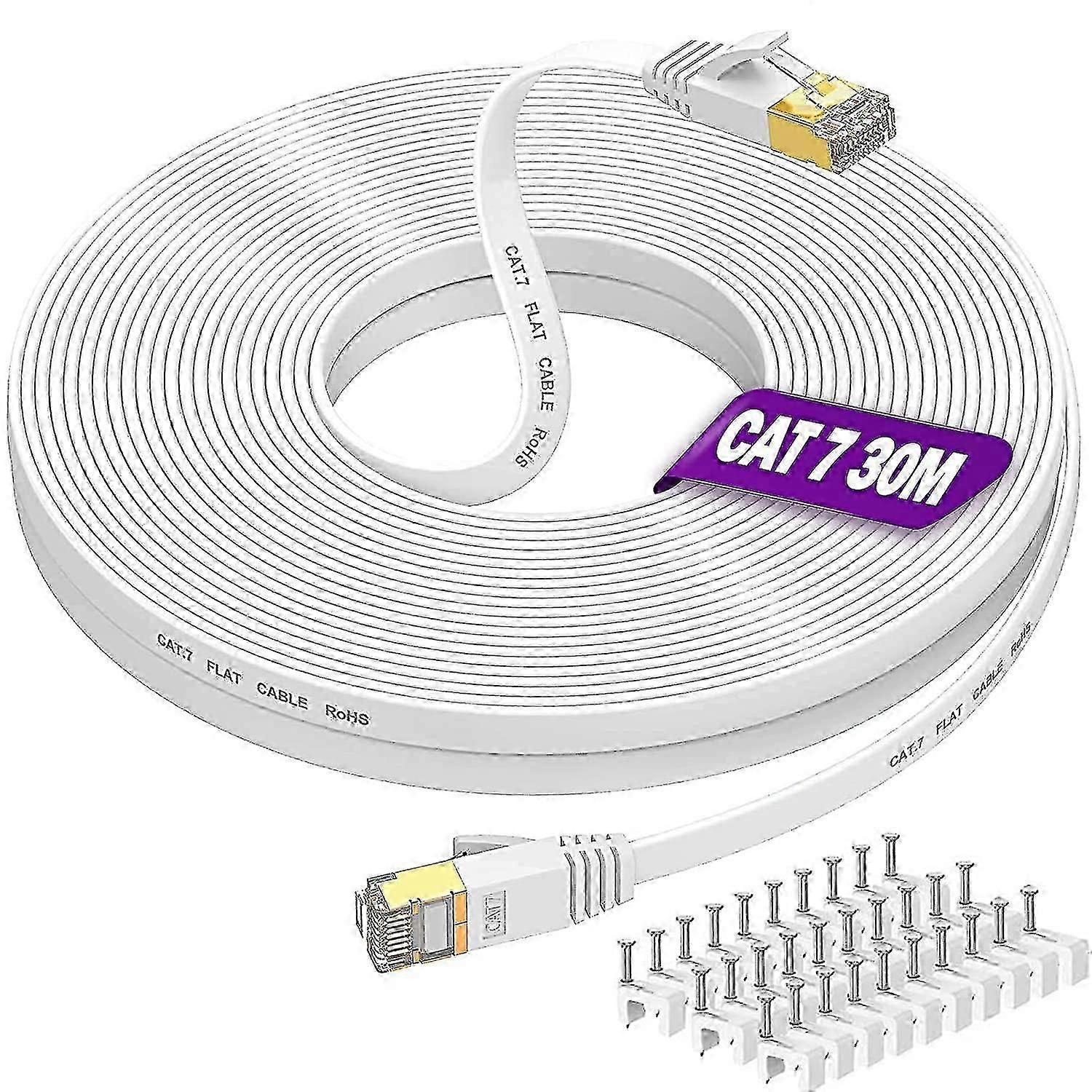 Rj45 Cat 7 Patch Cable 30m 10Gbps 600MHz White Flat Shielded LAN Network Cable
