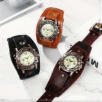 Vintage Steampunk Analog Quartz Watch, Wide Leather Strap Round Case, Biker Style for Men and Women, Gift for Halloween Christmas