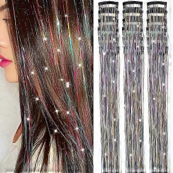 18 Pcs Clip In Hair Tinsel, 20.5 Inch Shiny Sparkling Fairy Hair Extensions, Heat Resistant Rainbow Accessories for Party Cosplay Daily Wear