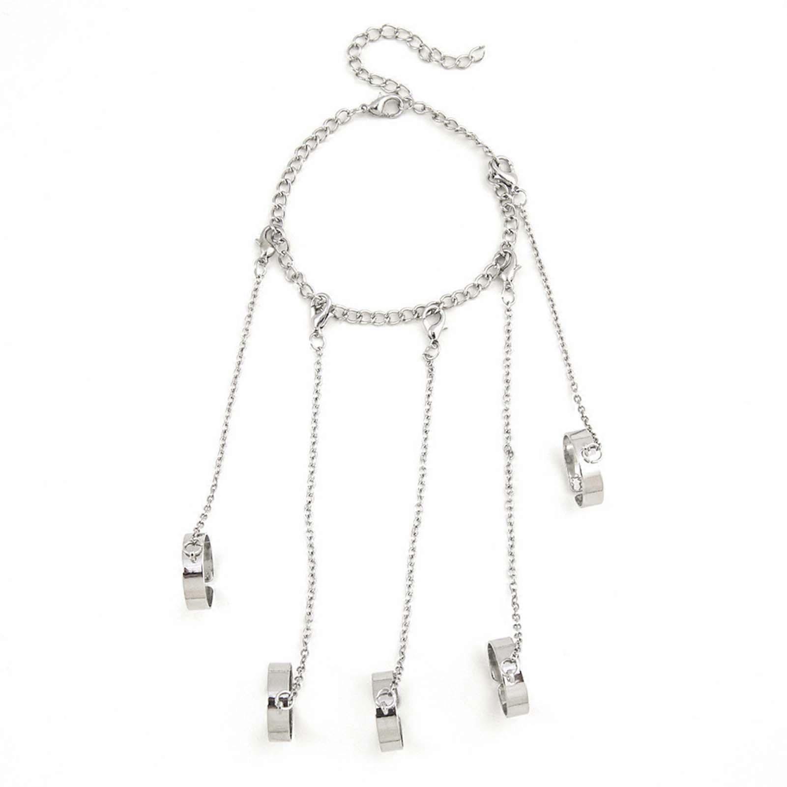 Chain Finger Rings Bracelet Punk Gothic Cool Silver Alloy Stackable Adjustable Chain Combination