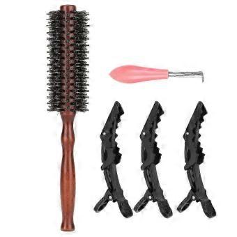 Wooden Round Bristle Hair Brush Set for Blow Drying with Duckbill Clips and Cleaner