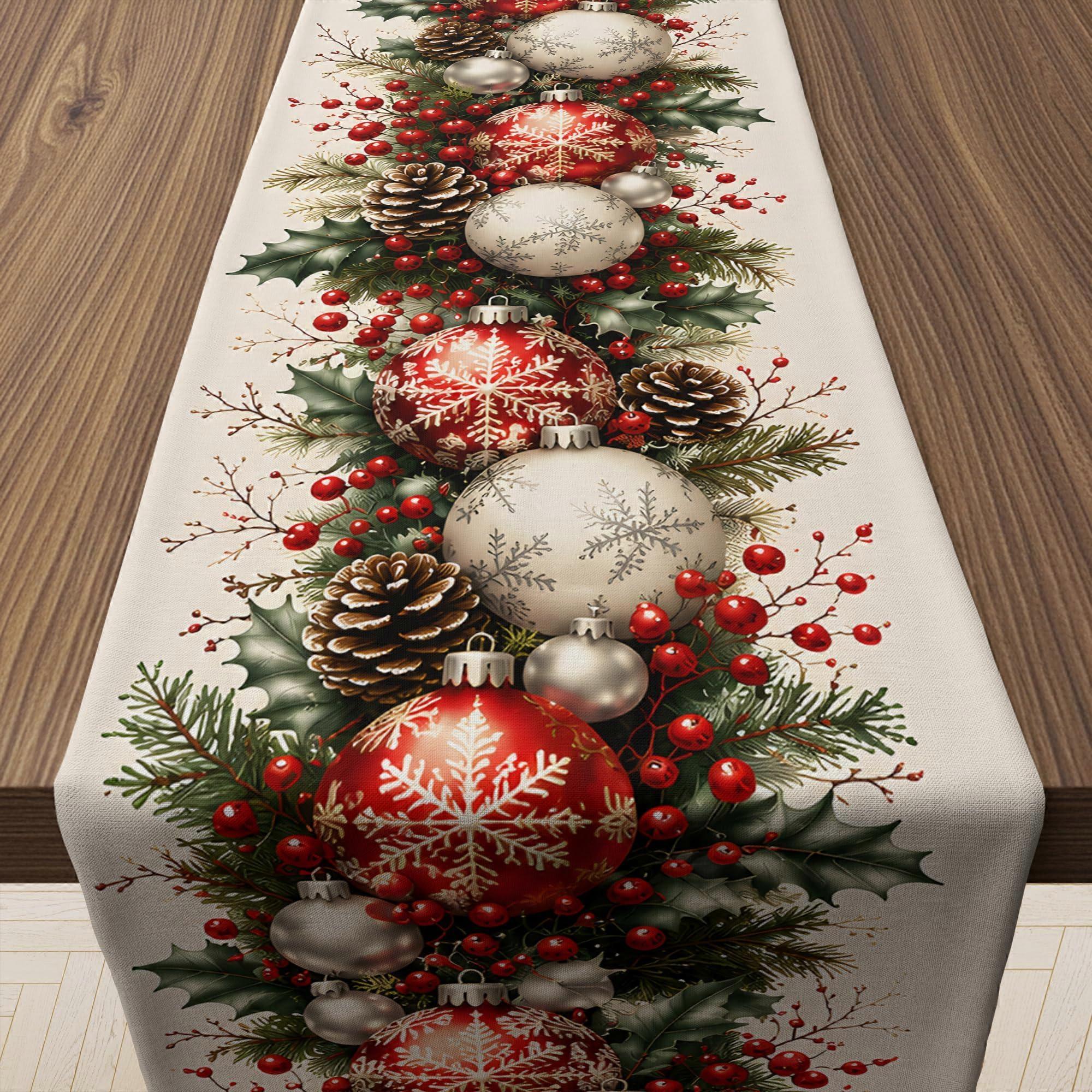 Christmas Decorations - Xmas Balls Snowflake Pine Cone Table Runner