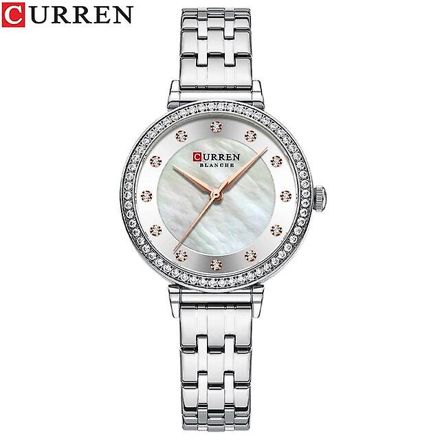 Curren Simple Elegant Quartz Wristwatches For Women Shell Dial With Rhinestones Silver Rose Stainless Steel Band