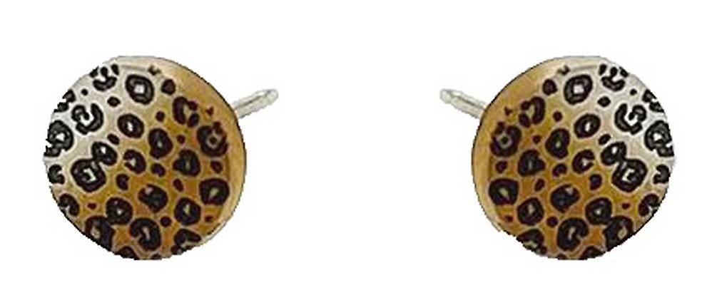 Ti2 Titanium Leopard Print Small Round Stud Earrings - Silver/Brown