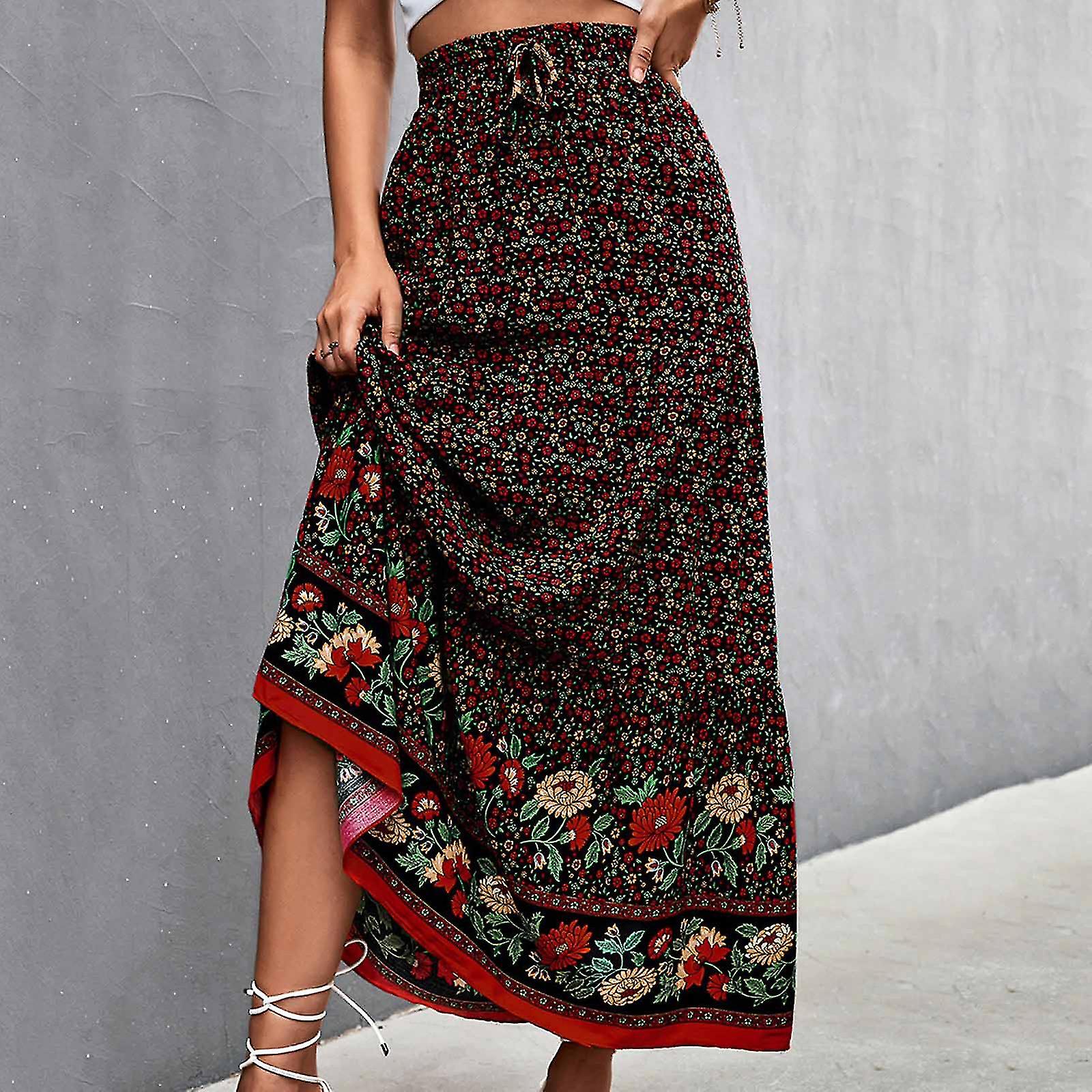 Mode kvinnor trycker fritid elastisk midja Split Boho Kjol