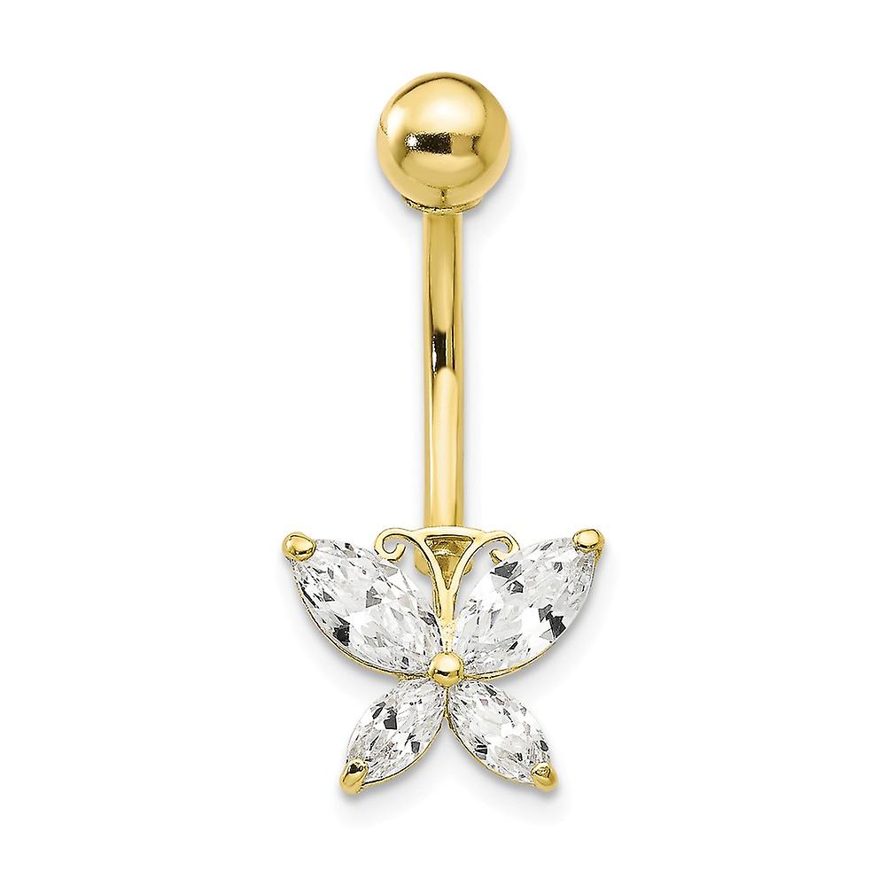 10k Yellow Gold Polished Screw back With Lrge Cubic Zirconia Butterfly Angel Wings Belly Ring Dangle 26x11mm Wide Body P