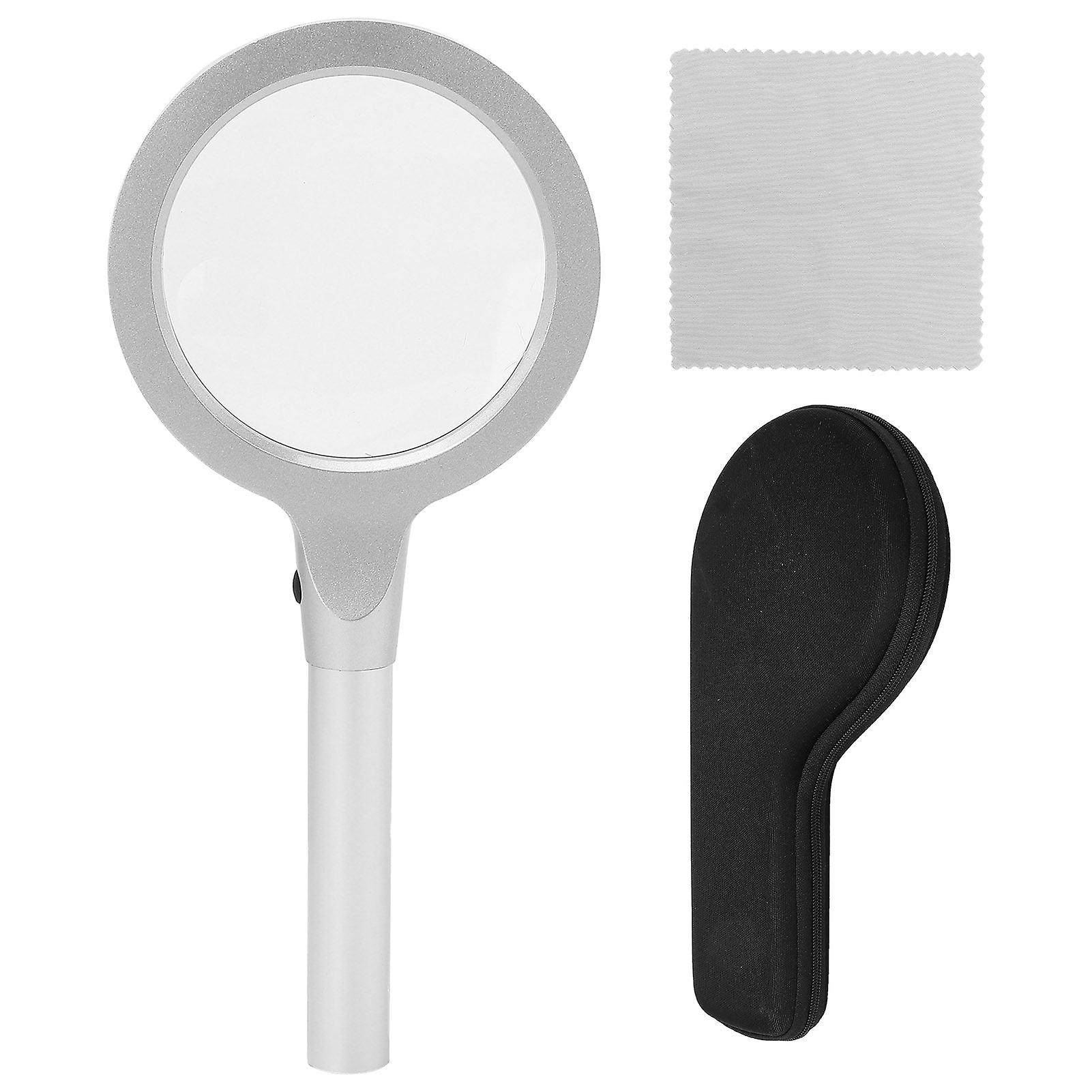 Handheld Magnifying Glass Silver White Ergonomic Handle Metal Large Illuminated Magnifier For Inspection For Seniors For Coins