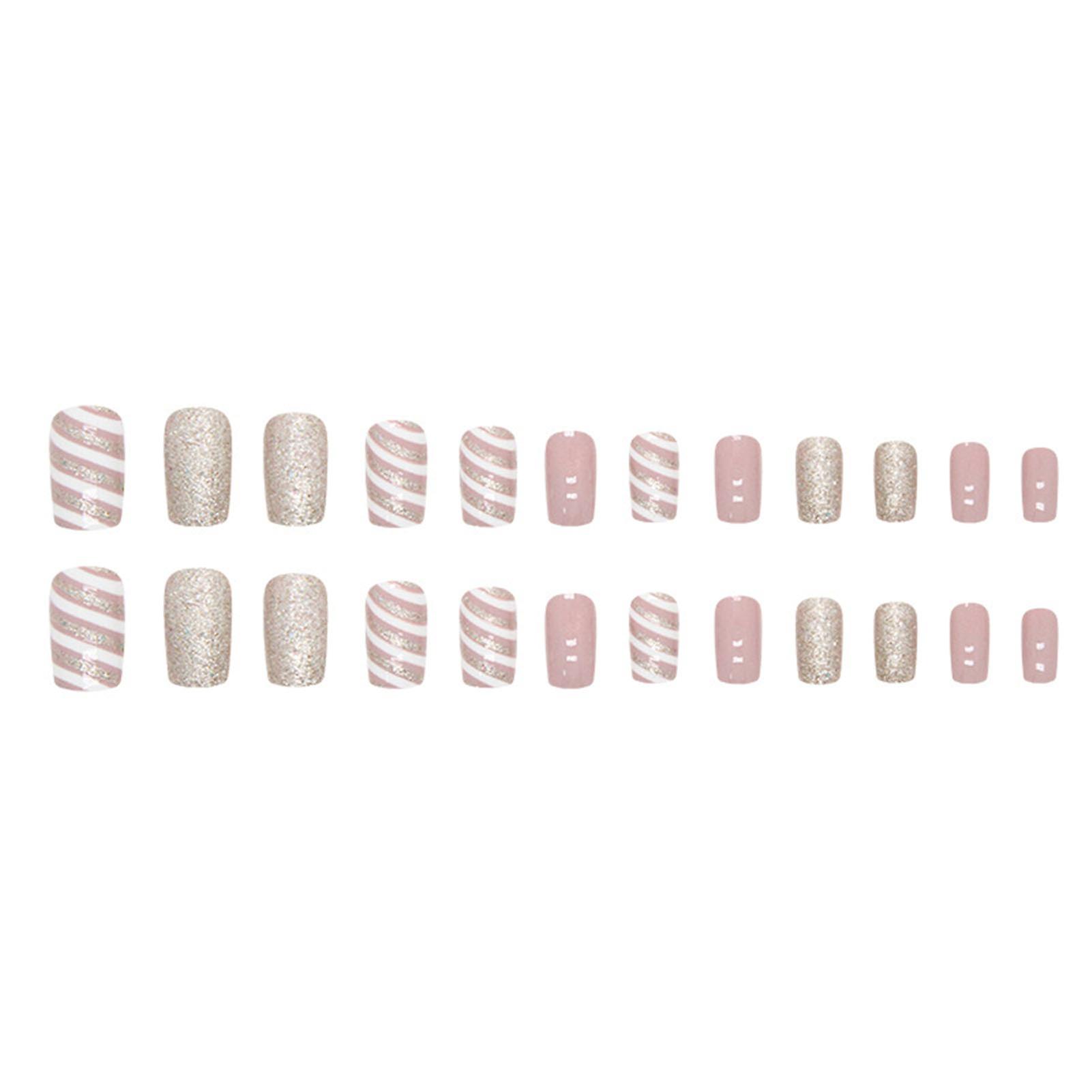 White Pink Artificial Nail With Glitter Glossy Texture Long Lasting False Nail