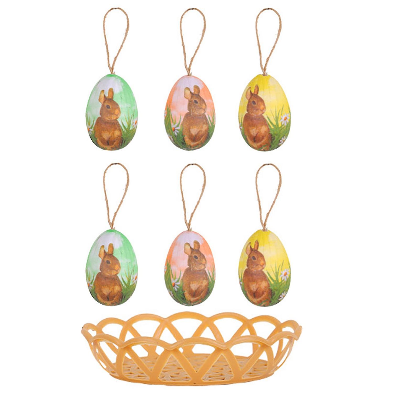 7Pcs/Set Colorful Bunny Painted Plastic Easter Eggs with Basket Hanging Pendant DIY Easter Egg