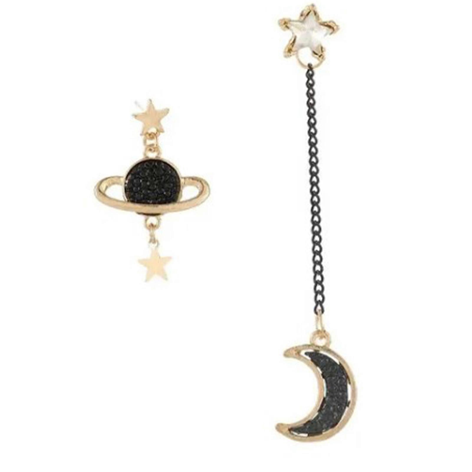 Moon Star Earrings - Stylish Black Asymmetric Long Dangle Design