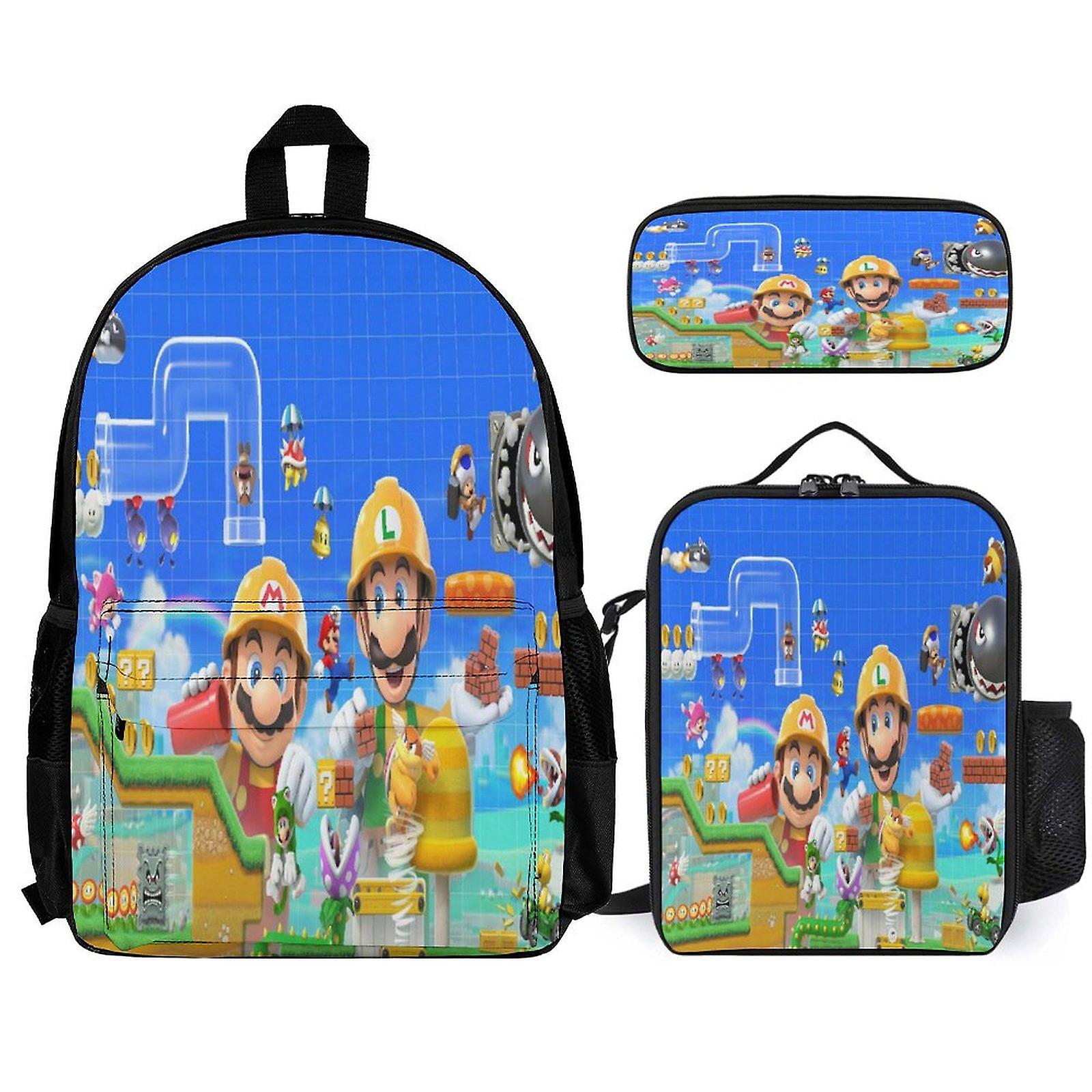 Super Mario Backpack 3 Piece Set Laptop Backpack with Pencil Case Lunch Bag Combination