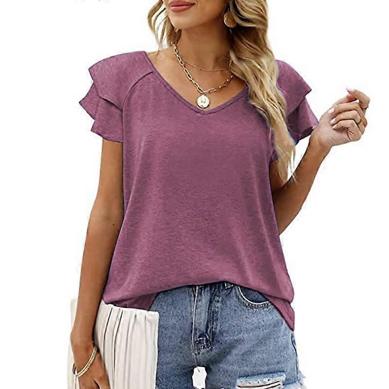 Solid Color V-neck Double Layer Ruffled Sleeve Loose Top T-shirt