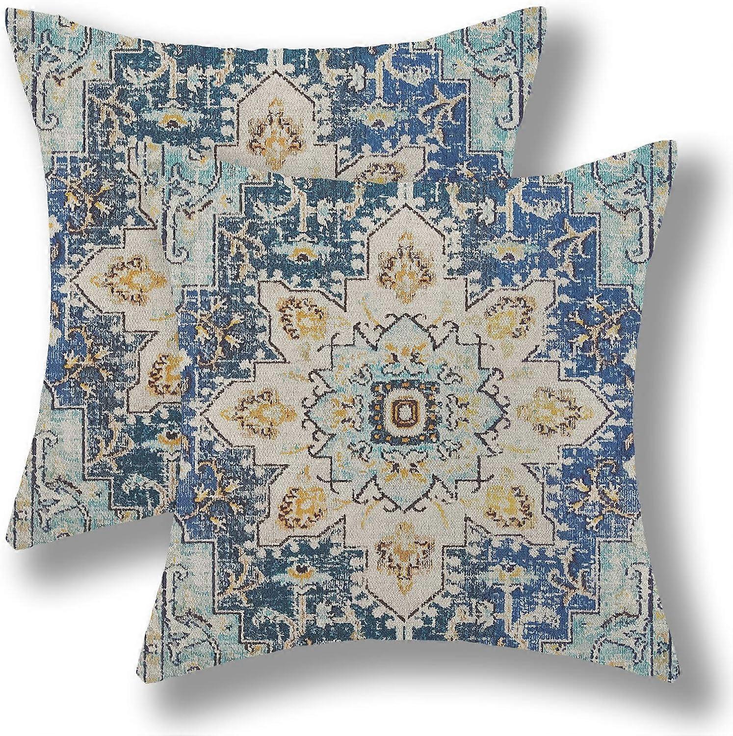 Boho Pillow Covers 18x18 Set of 2, Blue Yellow Carpet Ethnic Design Farmhouse Decorations Throw Pillow Covers Bohemian Pattern Outdoors Decorative Lin