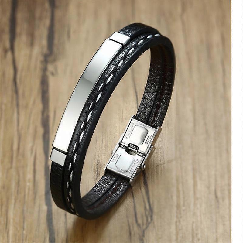 Bratara simpla pentru barbati, Inox/Piele PU, Negru/Argintiu