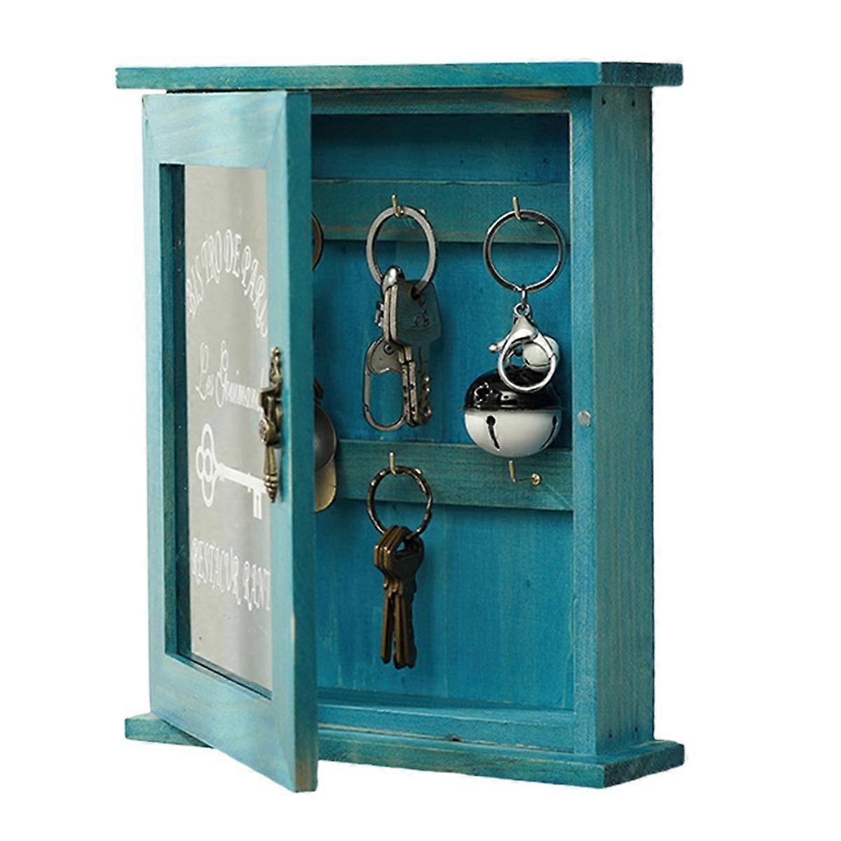 Wooden Key Box, Retro, Wall, Key Cabinet with Magnetic Door, Solid Wood Storage with 6 Hooks-A Blue