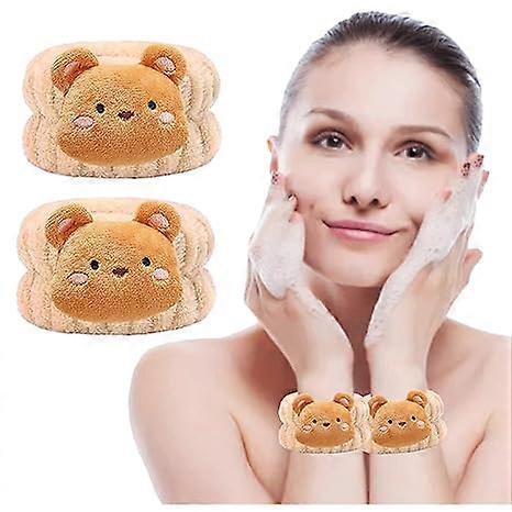 4 pcsWrist Bands for Washing Face Cute, Animal Bear Print Wristbands for Women Kids, Microfiber Soft Wash Face Wraps, Adjustable Elastic , Brown10*5C