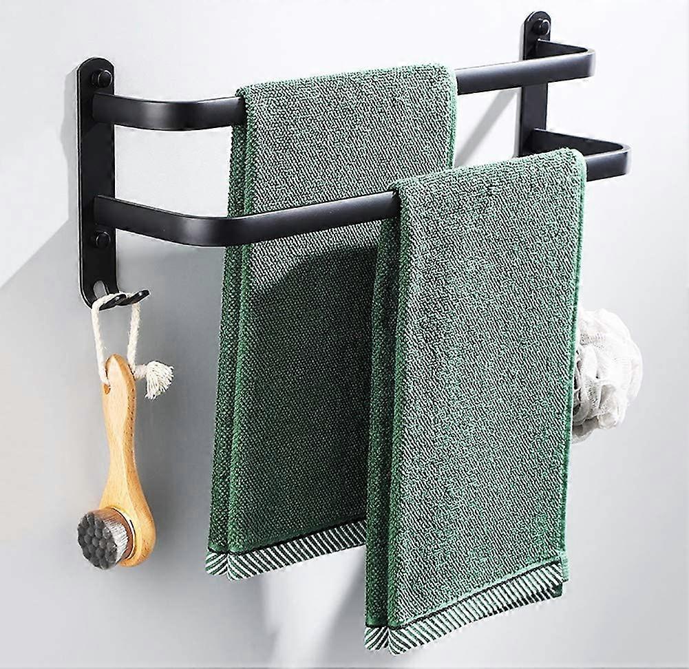 バスルームタオルラック、シャワーとキッチン用の黒い壁掛けタオルバー、ダブルフック付き防水ドアバー