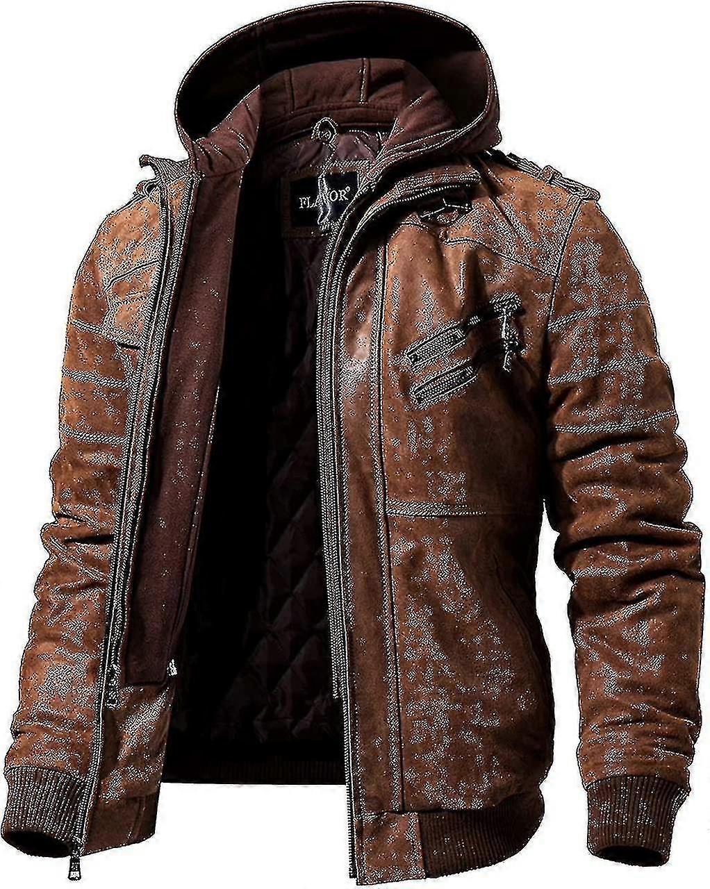 Men Brown Leather Motorcycle Jacket With Removable Hood-jie