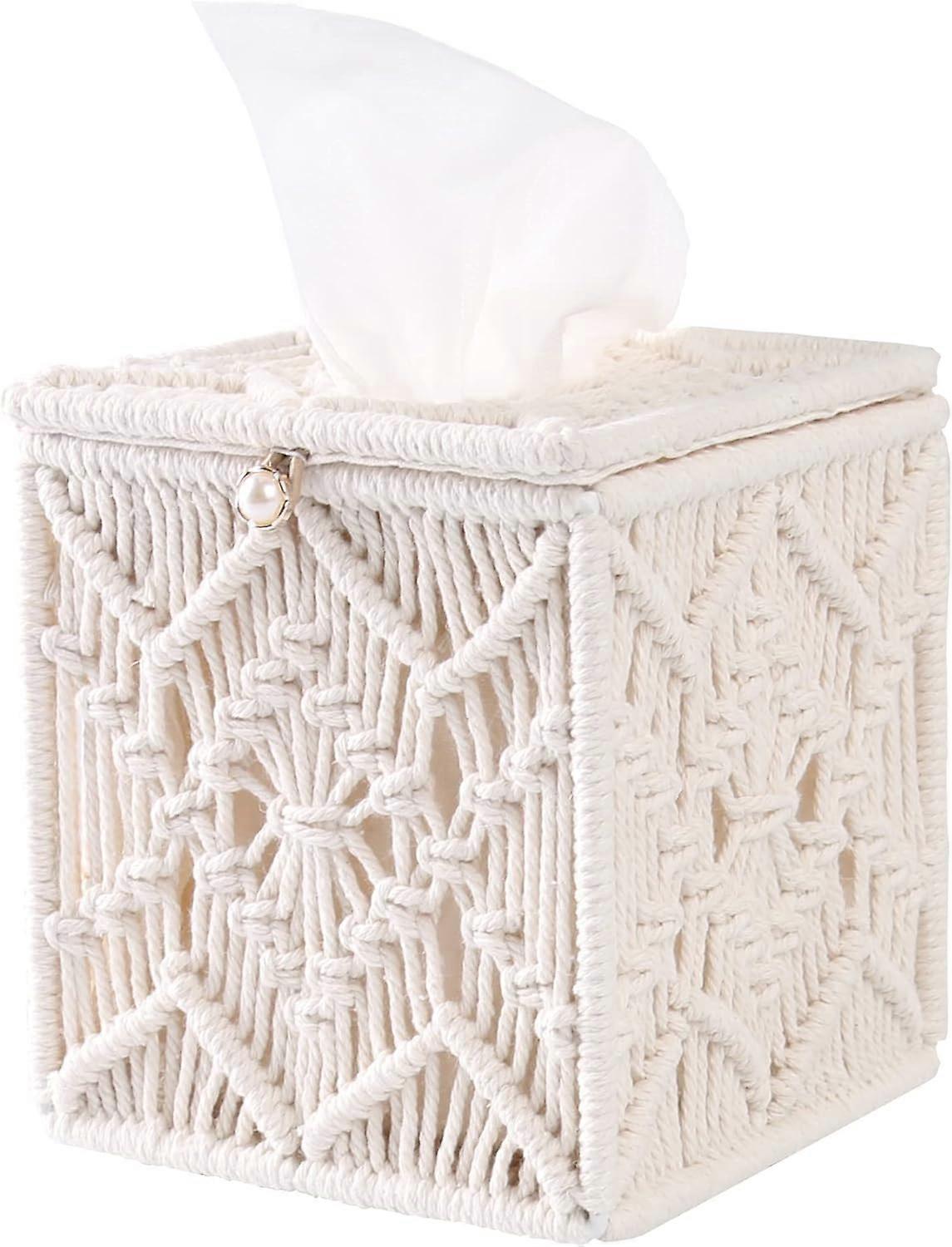 Square Macrame Tissue Holders with Bead Buckle Woven Tissues Cube Box Dresser Organizer Decor