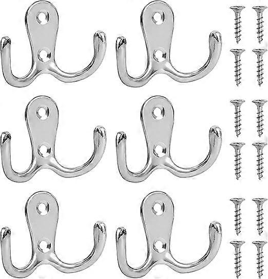 Set of 6 Double Claw Coat Hooks (Silver), Double Coat Hook Door Hooks with 12 Screws Chrome Plated Wall Hooks for Hanging Hats, Clothes, Metal Vintage