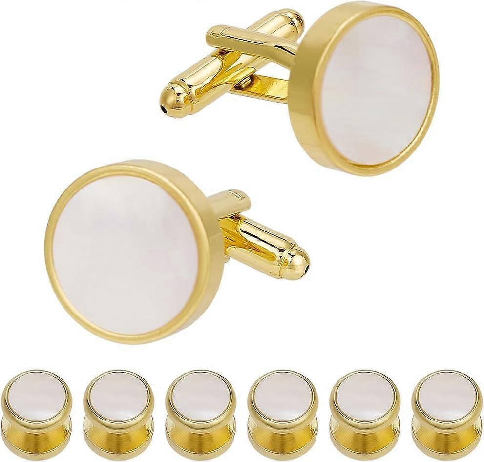 1 Set Natural Shell Cufflinks for Men with Brass Findings Flat Round Golden 10~22x10~18mm 8pcs/set