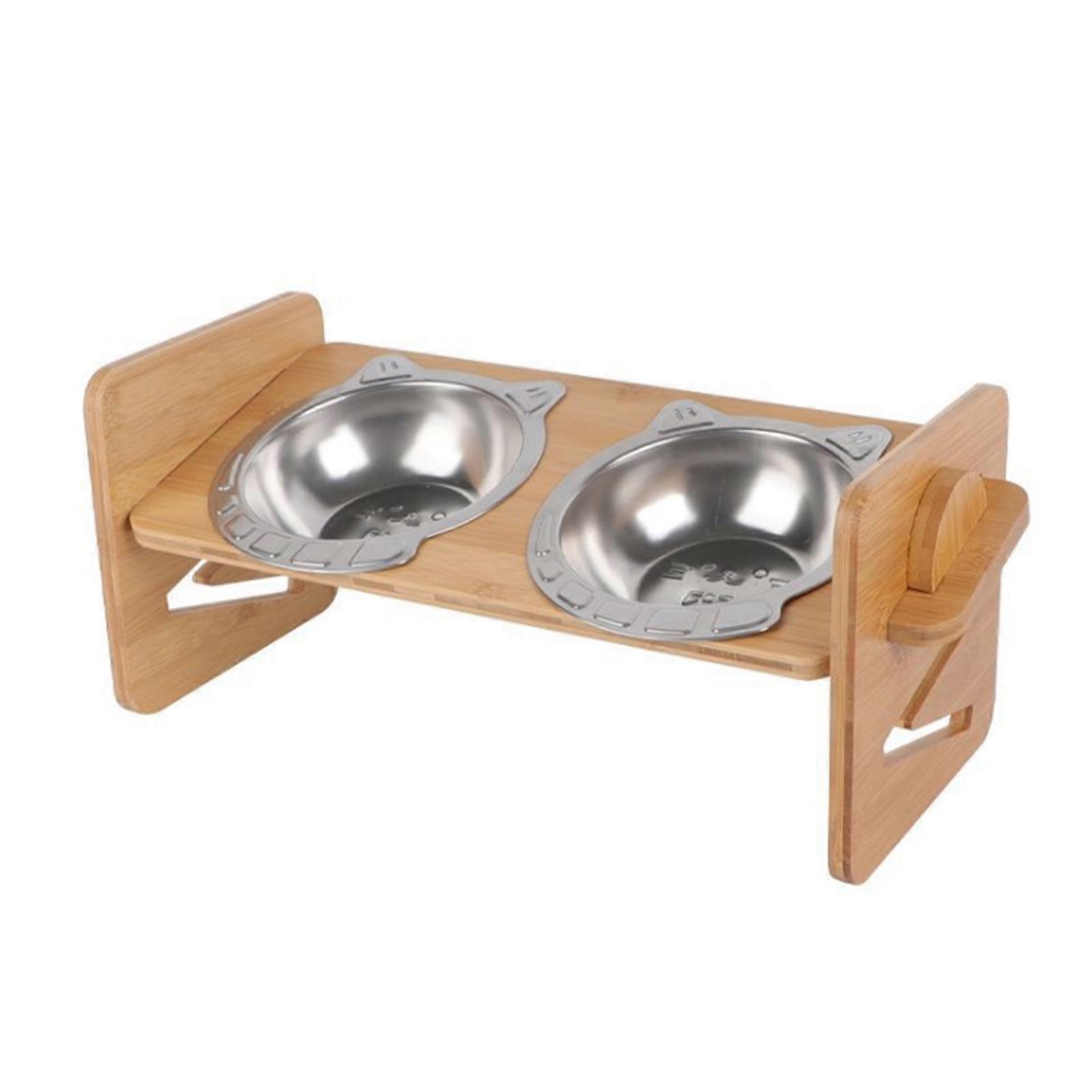 קערת חיות מחמד מסגרת במבוק מתכווננת עם צלחת נירוסטה ללא שפיכה - קיבולת 360 מ"ל, 19x16x16 ס"מ - אידיאלי לכלבים וחתולים