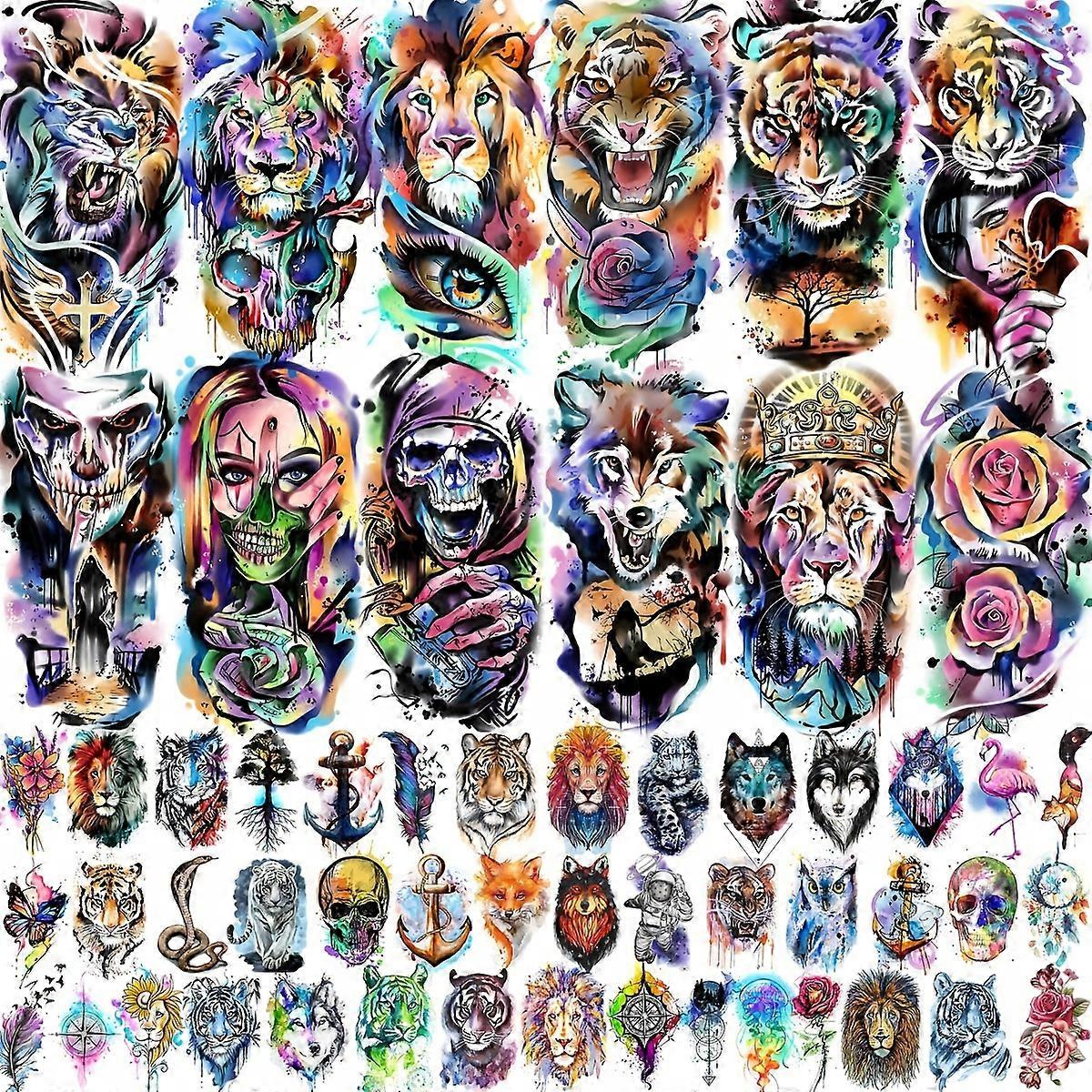 JUNGE * 55 ورقة 3D ألوان مائية وشم مؤقت للنساء والرجال البالغين الذراع ، النمر الأسد الجمجمة الهيكل العظمي الوشم الوهمية التي تبدو حقيقية وتستمر لفترة طويلة ، طويلة L