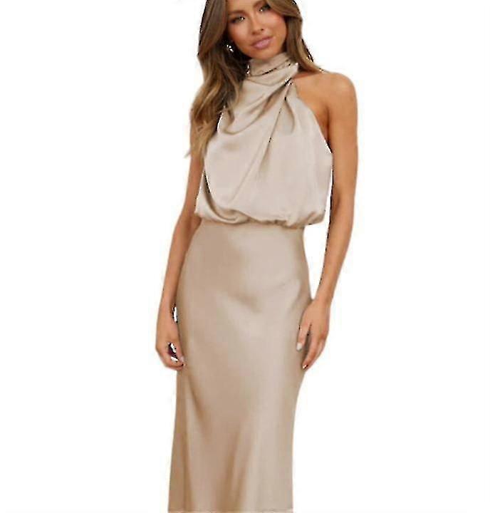 Kvinners sommer sateng ermeløs plissert lang kjole