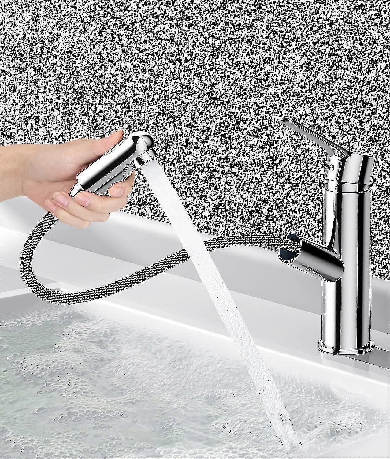 モダンなバスルームの蛇口、真鍮製のバスルームミキサータップ（引き出し式スプレー付き）、カウンタートップの洗面台用蛇口、温水と冷水の手洗いが可能