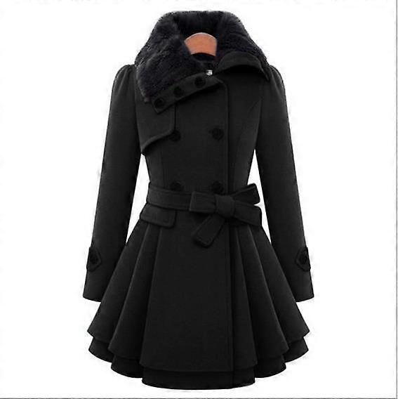 Damer Vinter Pelskrage Slank Dobbeltspent Ull Lang Elegant Frakk