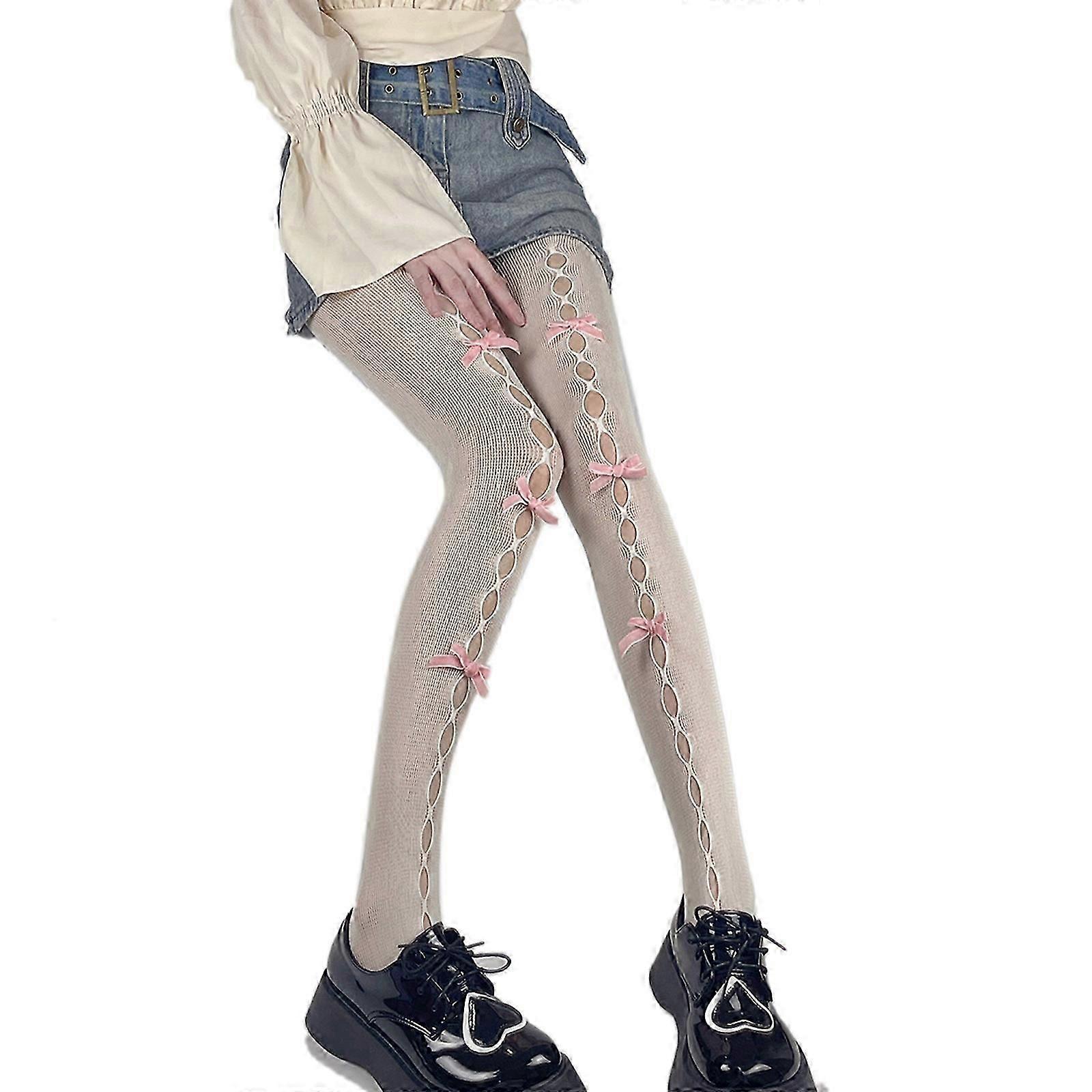 المرأة لوليتا البيضاء شبكة صيد طويلة جوارب طويلة كريم اللون المخملية القوس جوفاء الثقوب الجوارب