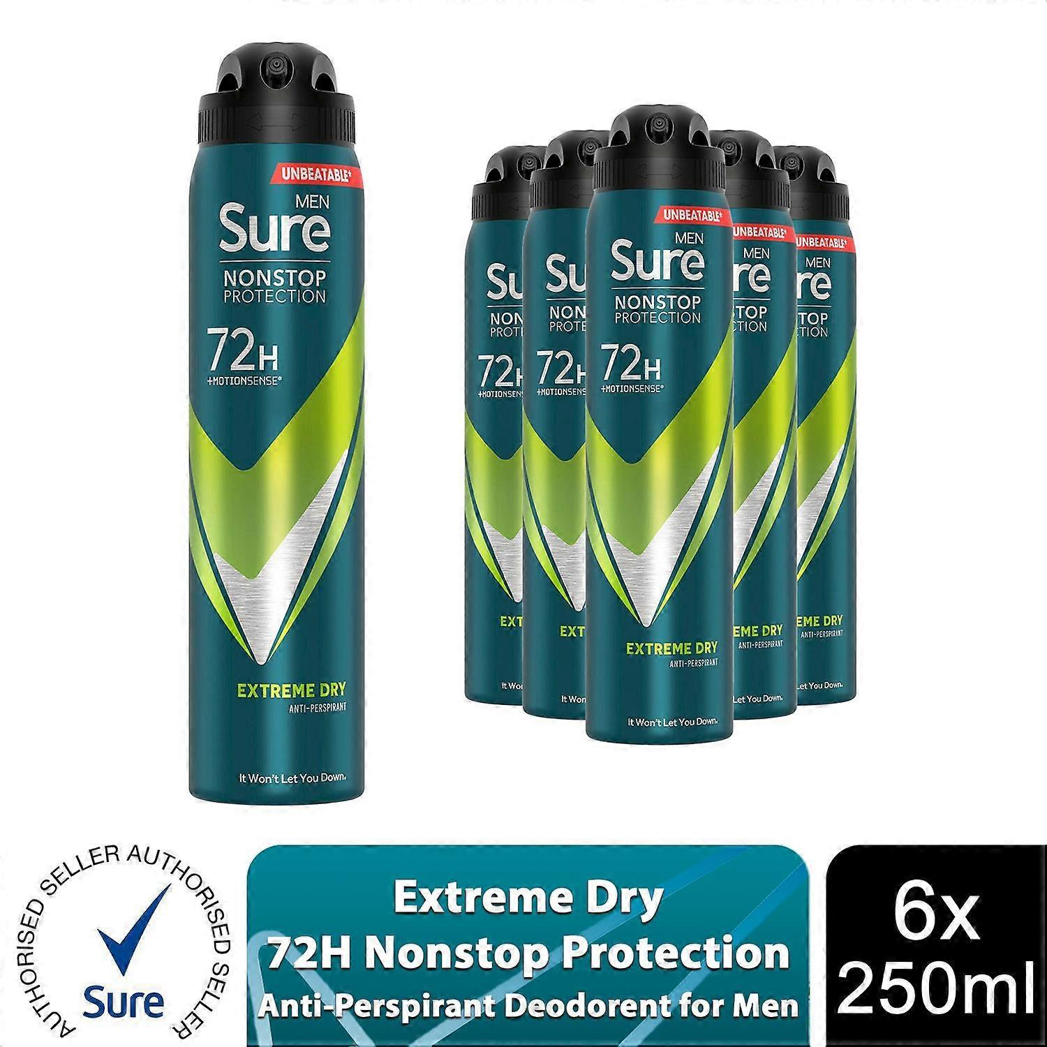 Sure Men's Anti-Perspirant 72H Nonstop Protection Extreme Dry Deodorant, 6X250ml Regular