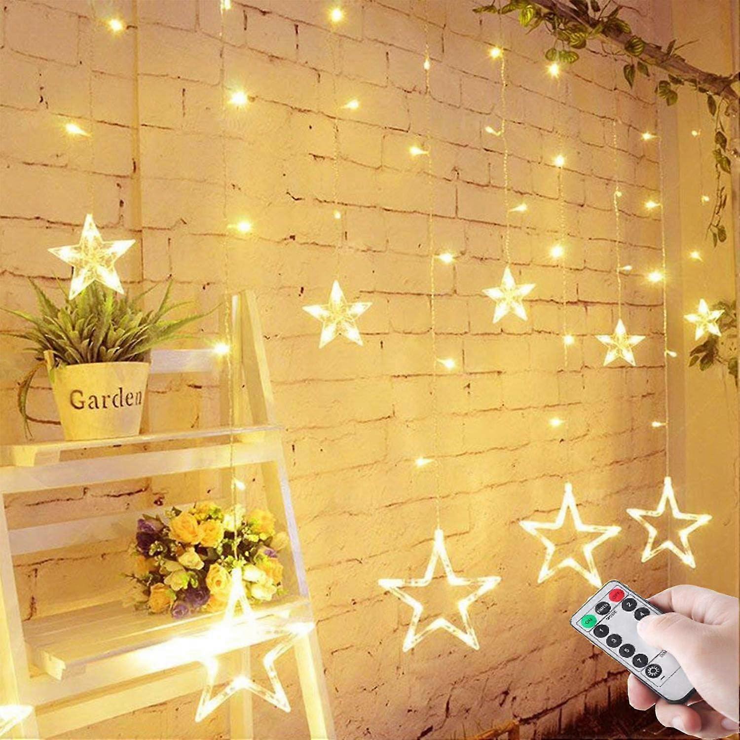 Festive Star Curtain Lights, Warm White Extendable Set With Remote Control, 8 Fun Modes, And Energy Saving Features